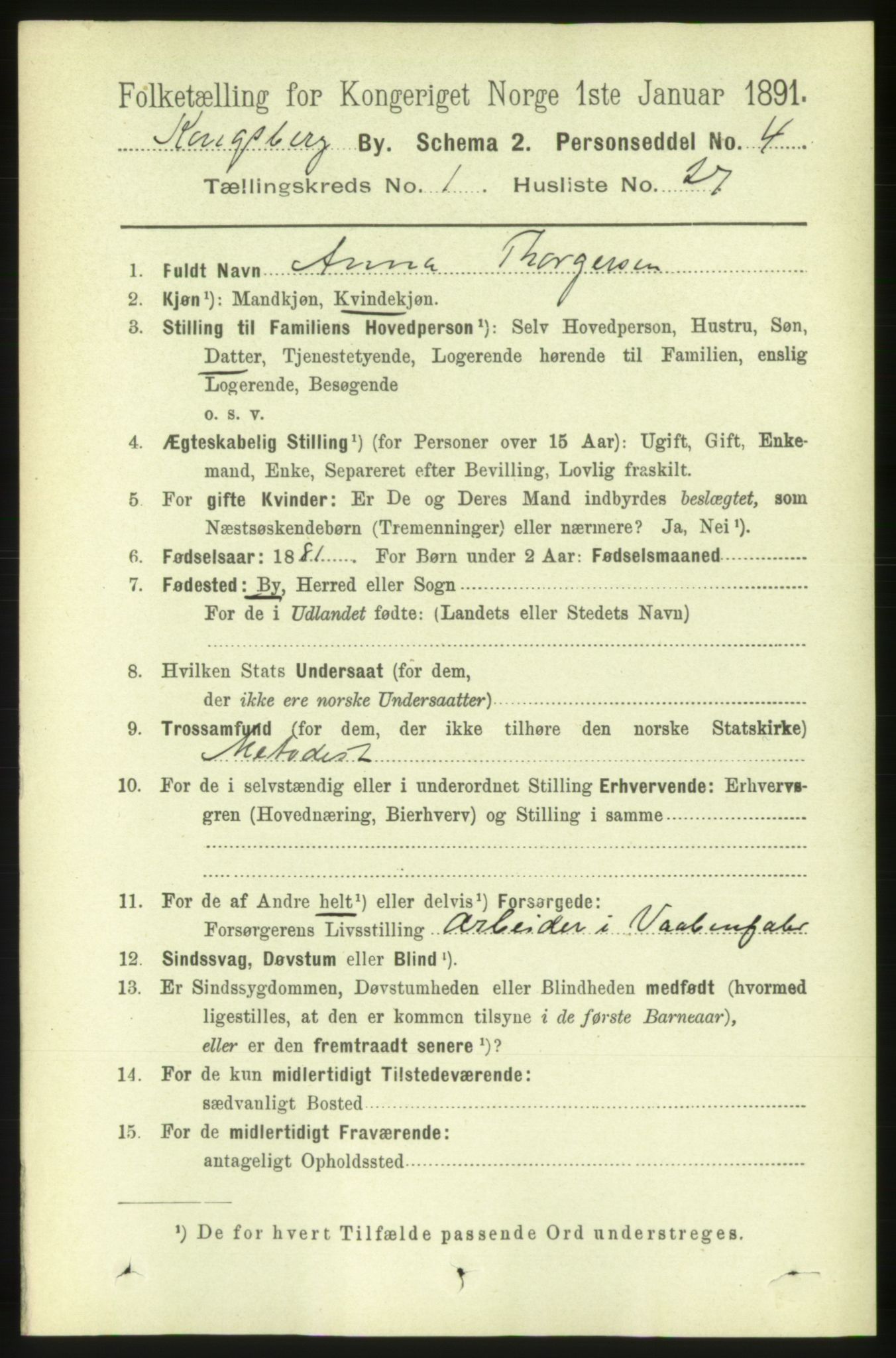 RA, 1891 census for 0604 Kongsberg, 1891, p. 1820