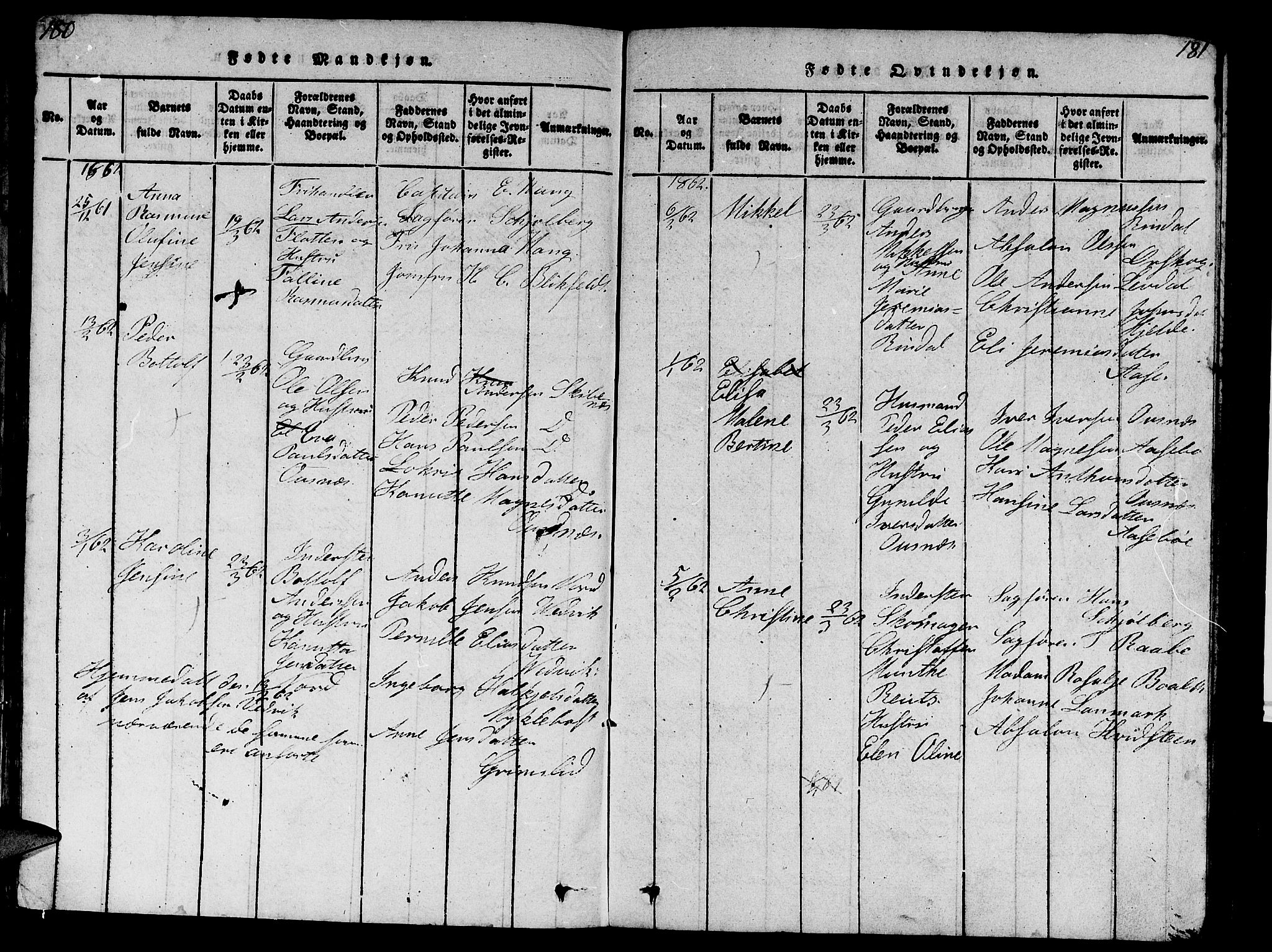 Eid sokneprestembete, AV/SAB-A-82301/H/Hab/Haba/L0001: Parish register (copy) no. A 1, 1816-1862, p. 180-181