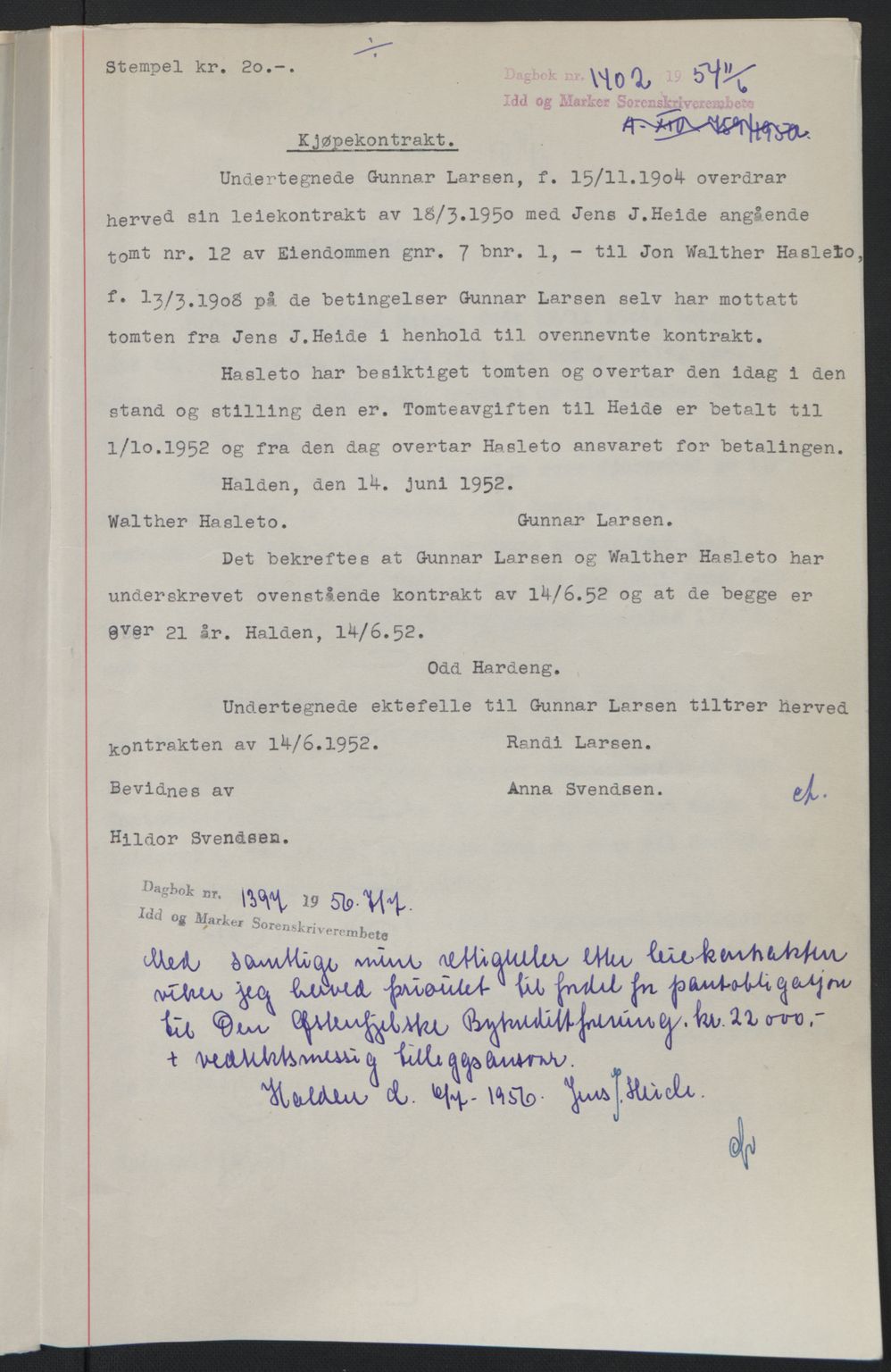 Idd og Marker sorenskriveri, AV/SAO-A-10283/G/Gb/Gbb/L0014: Mortgage book no. A14, 1950-1950, Diary no: : 1402/1954