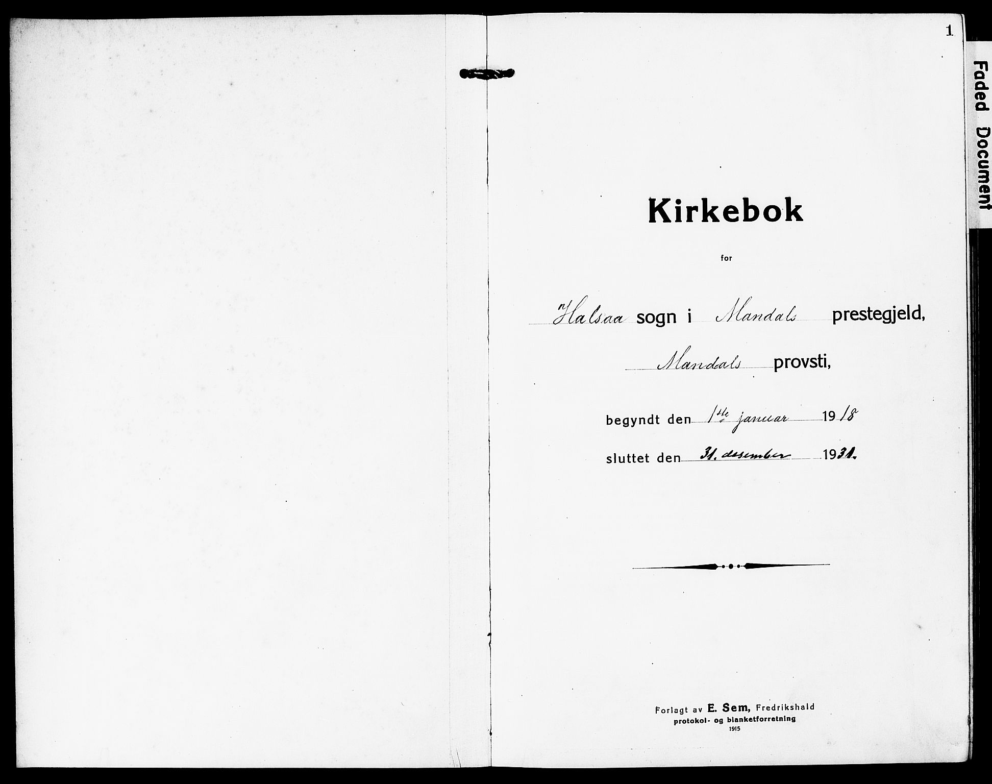 Mandal sokneprestkontor, SAK/1111-0030/F/Fb/Fba/L0013: Parish register (copy) no. B 7, 1918-1931, p. 1