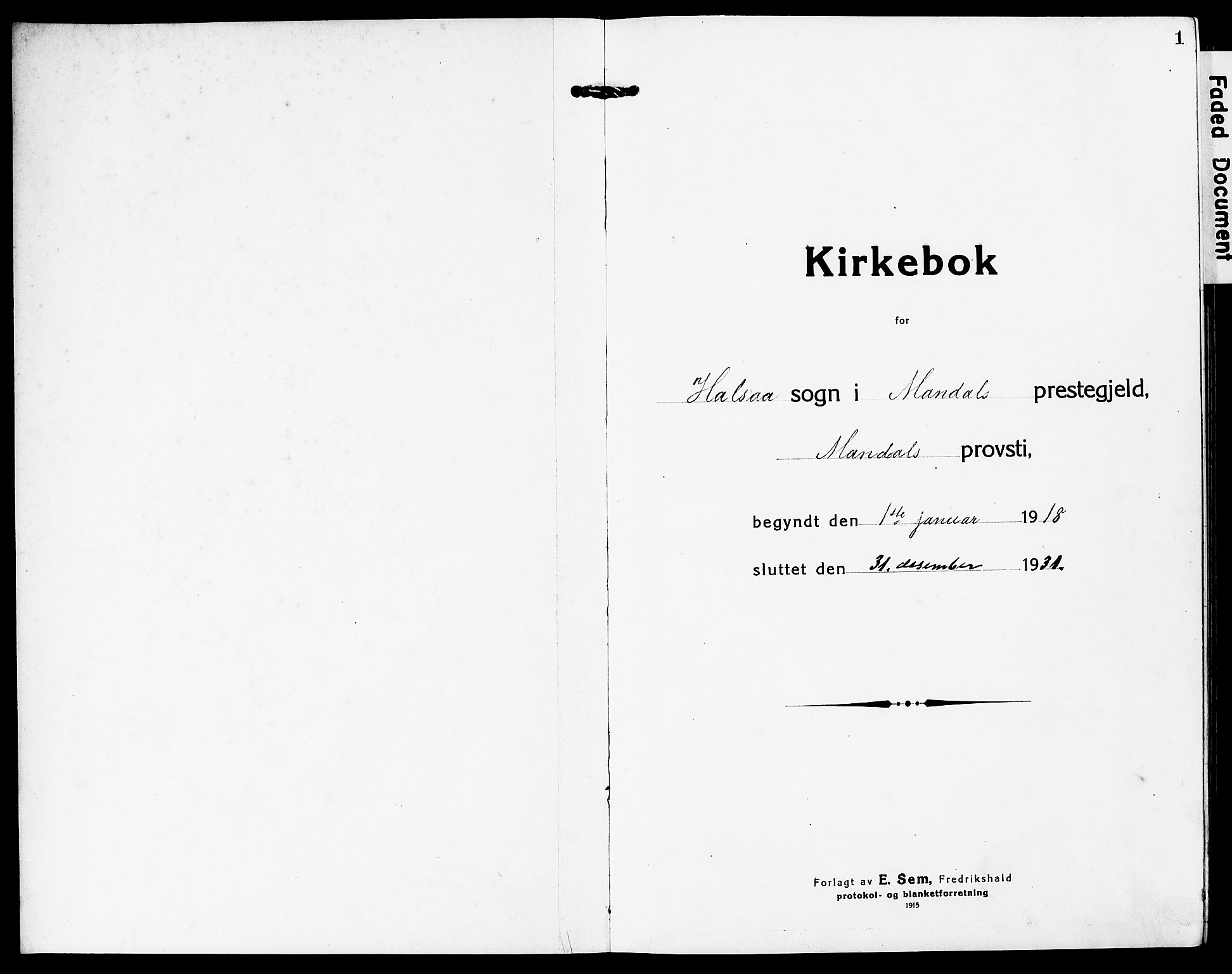 Mandal sokneprestkontor, AV/SAK-1111-0030/F/Fb/Fba/L0013: Parish register (copy) no. B 7, 1918-1931, p. 1