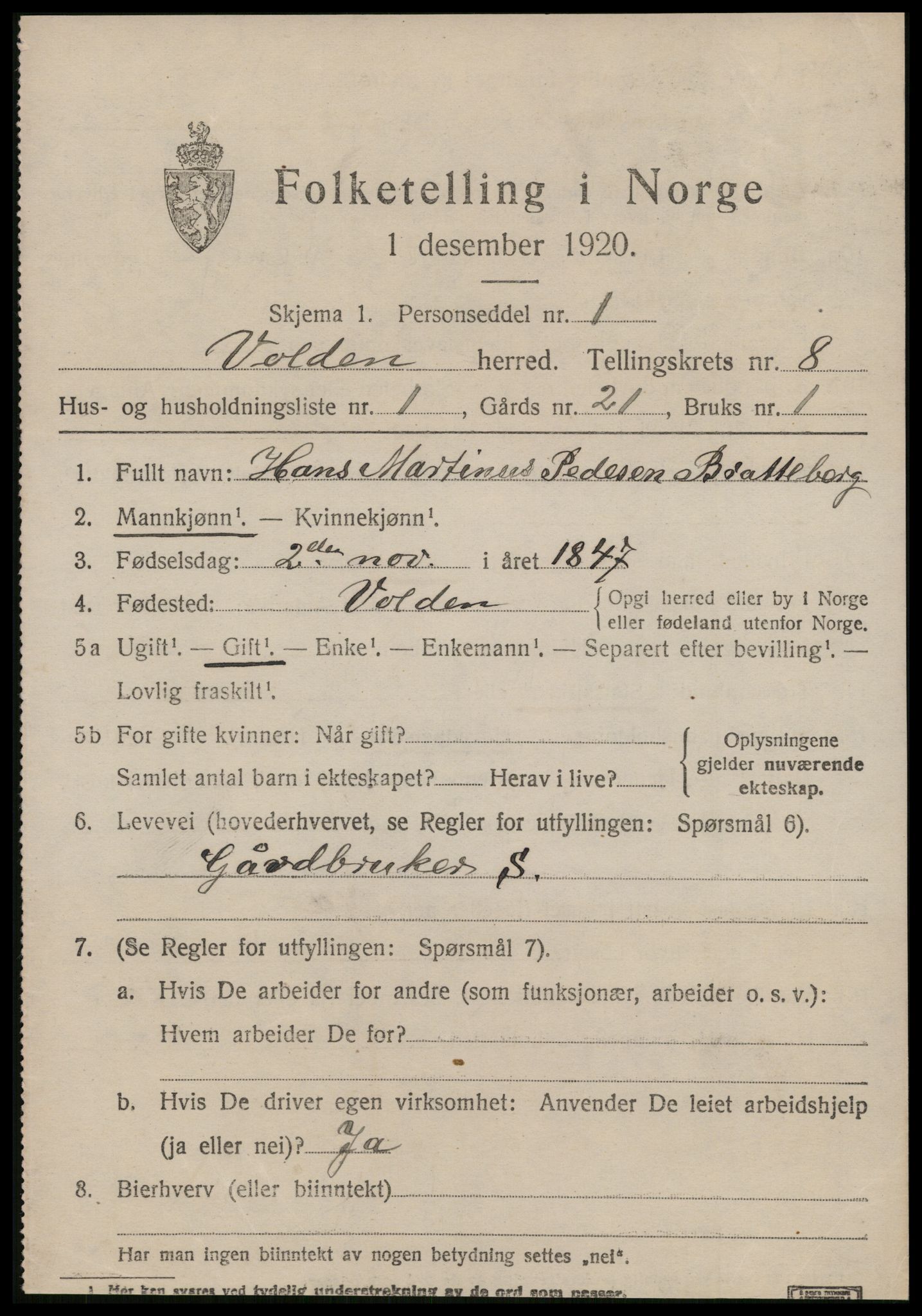 SAT, 1920 census for Volda, 1920, p. 6502