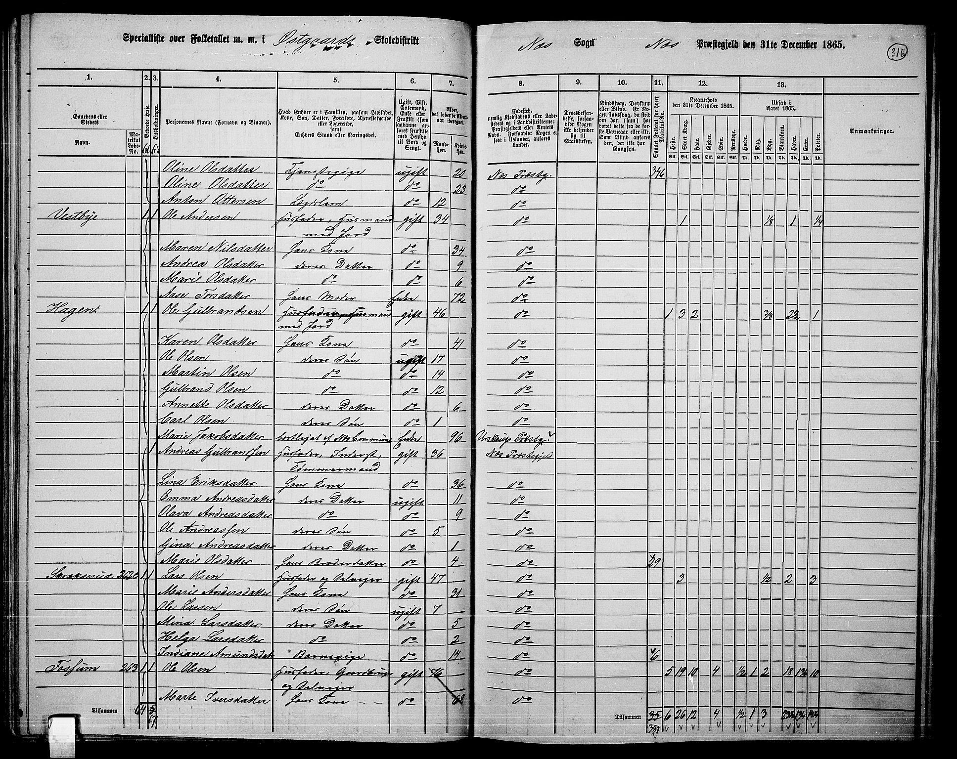 RA, 1865 census for Nes, 1865, p. 291