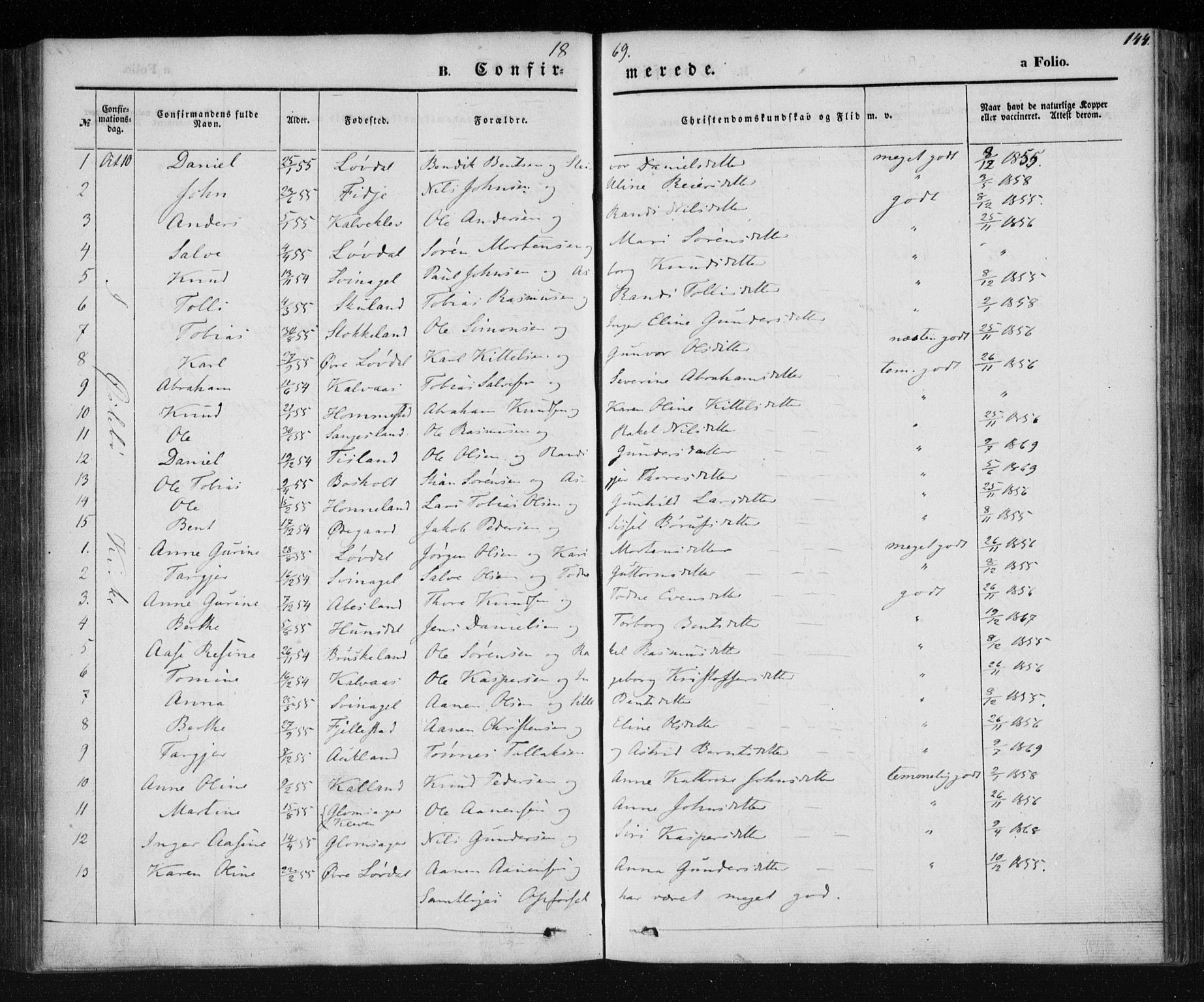 Holum sokneprestkontor, AV/SAK-1111-0022/F/Fa/Fab/L0005: Parish register (official) no. A 5, 1847-1874, p. 144