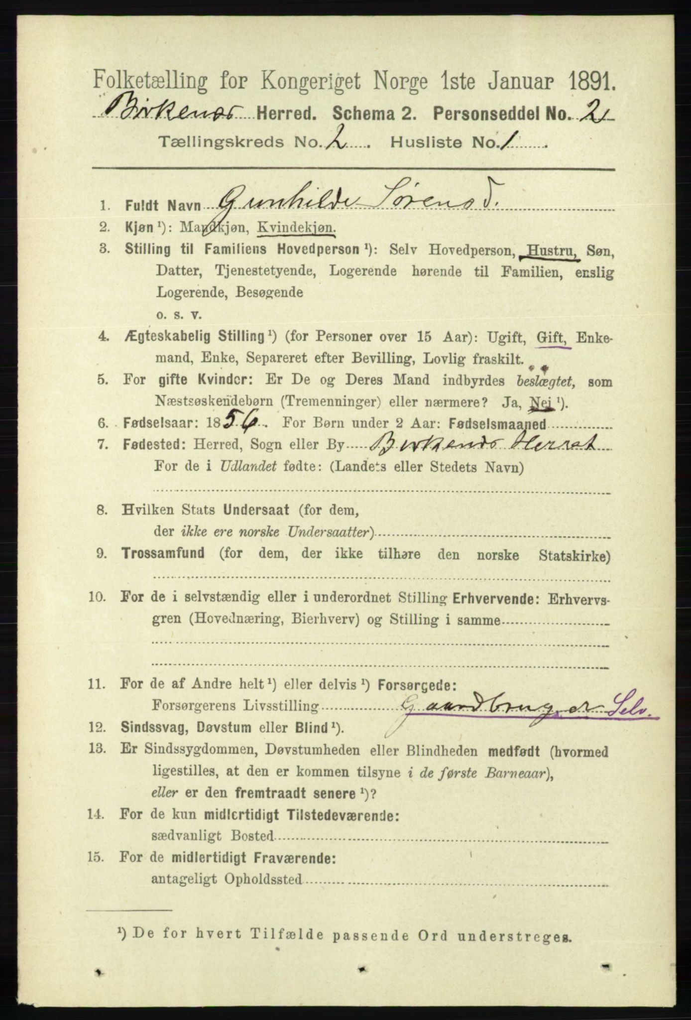 RA, 1891 Census for 0928 Birkenes, 1891, p. 501