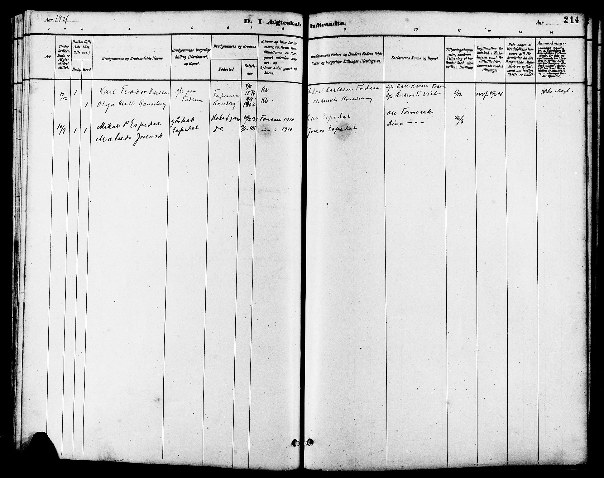 Hetland sokneprestkontor, SAST/A-101826/30/30BB/L0006: Parish register (copy) no. B 6, 1878-1921, p. 214