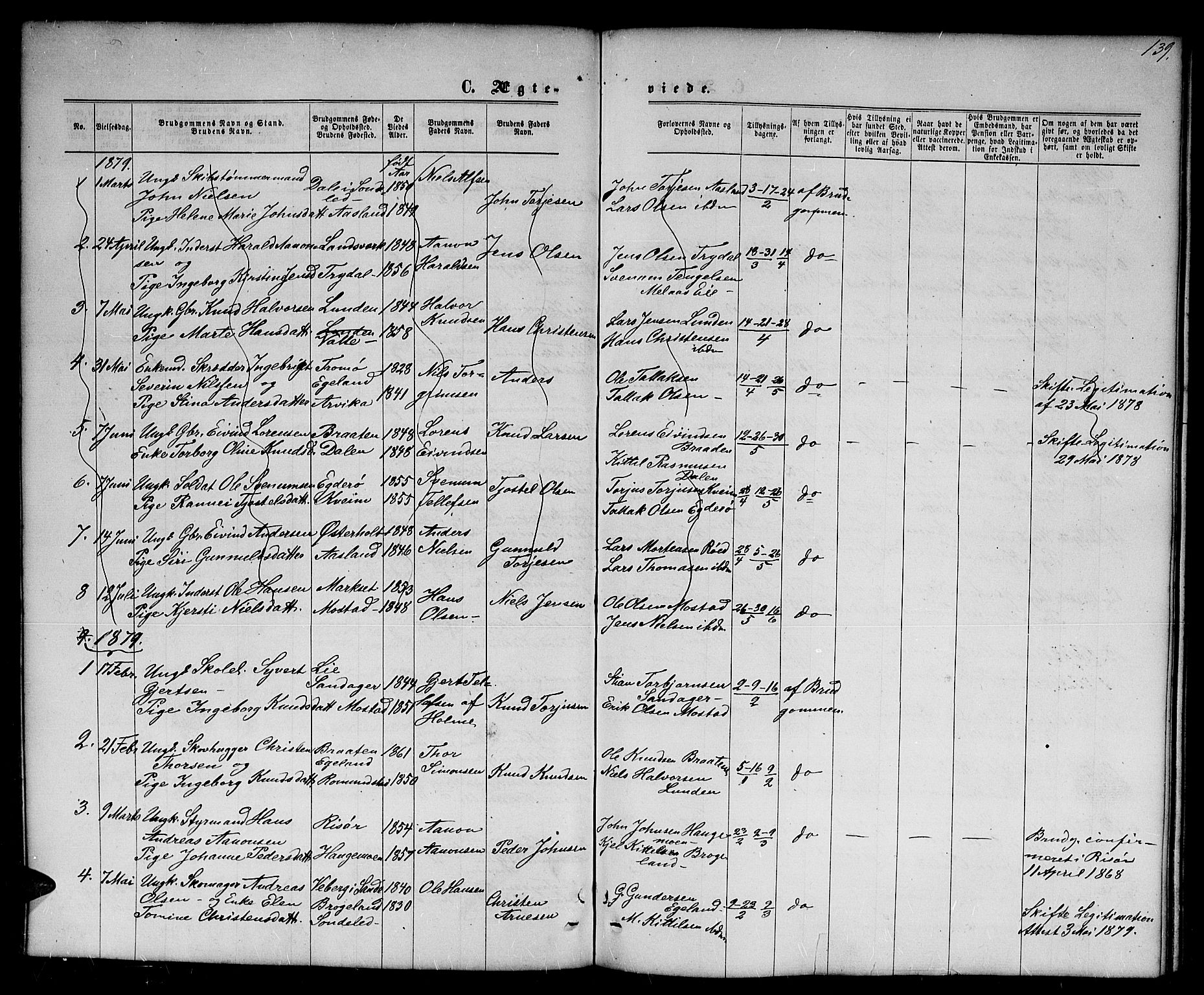 Gjerstad sokneprestkontor, AV/SAK-1111-0014/F/Fb/Fba/L0006: Parish register (copy) no. B 6, 1868-1890, p. 139