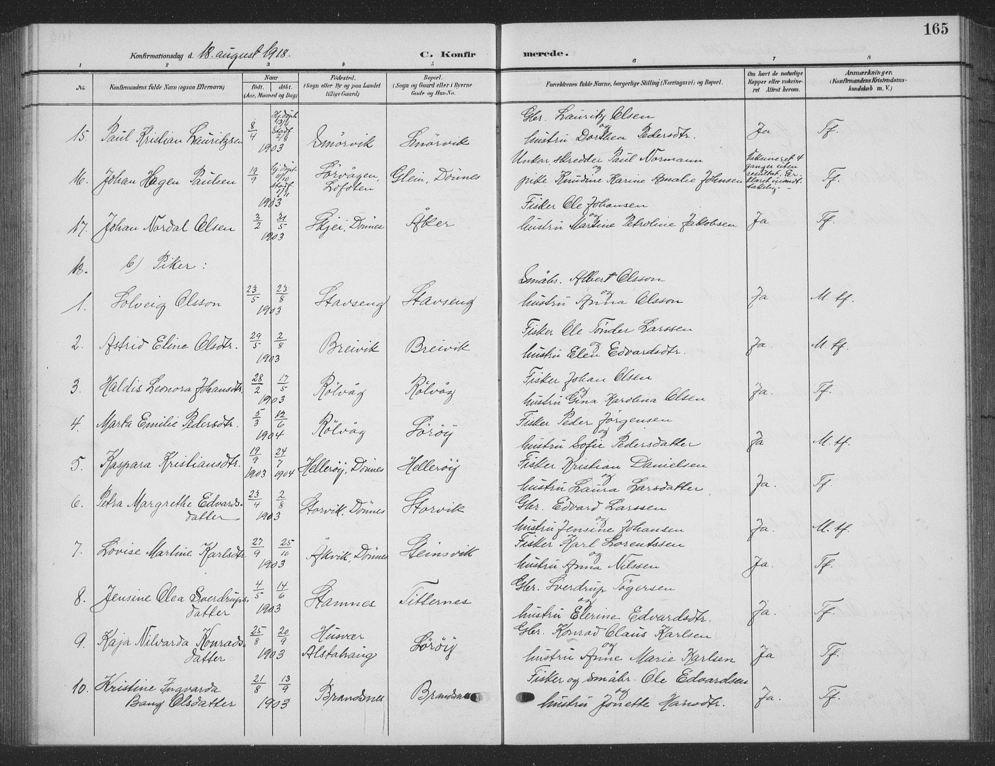 Ministerialprotokoller, klokkerbøker og fødselsregistre - Nordland, AV/SAT-A-1459/835/L0533: Parish register (copy) no. 835C05, 1906-1939, p. 165