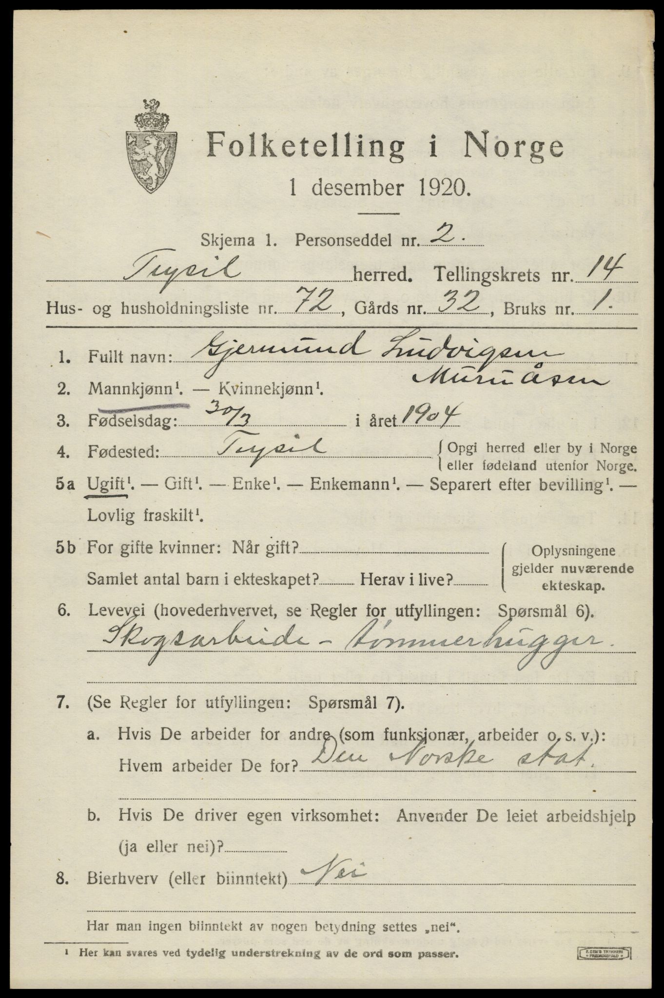SAH, 1920 census for Trysil, 1920, p. 8749