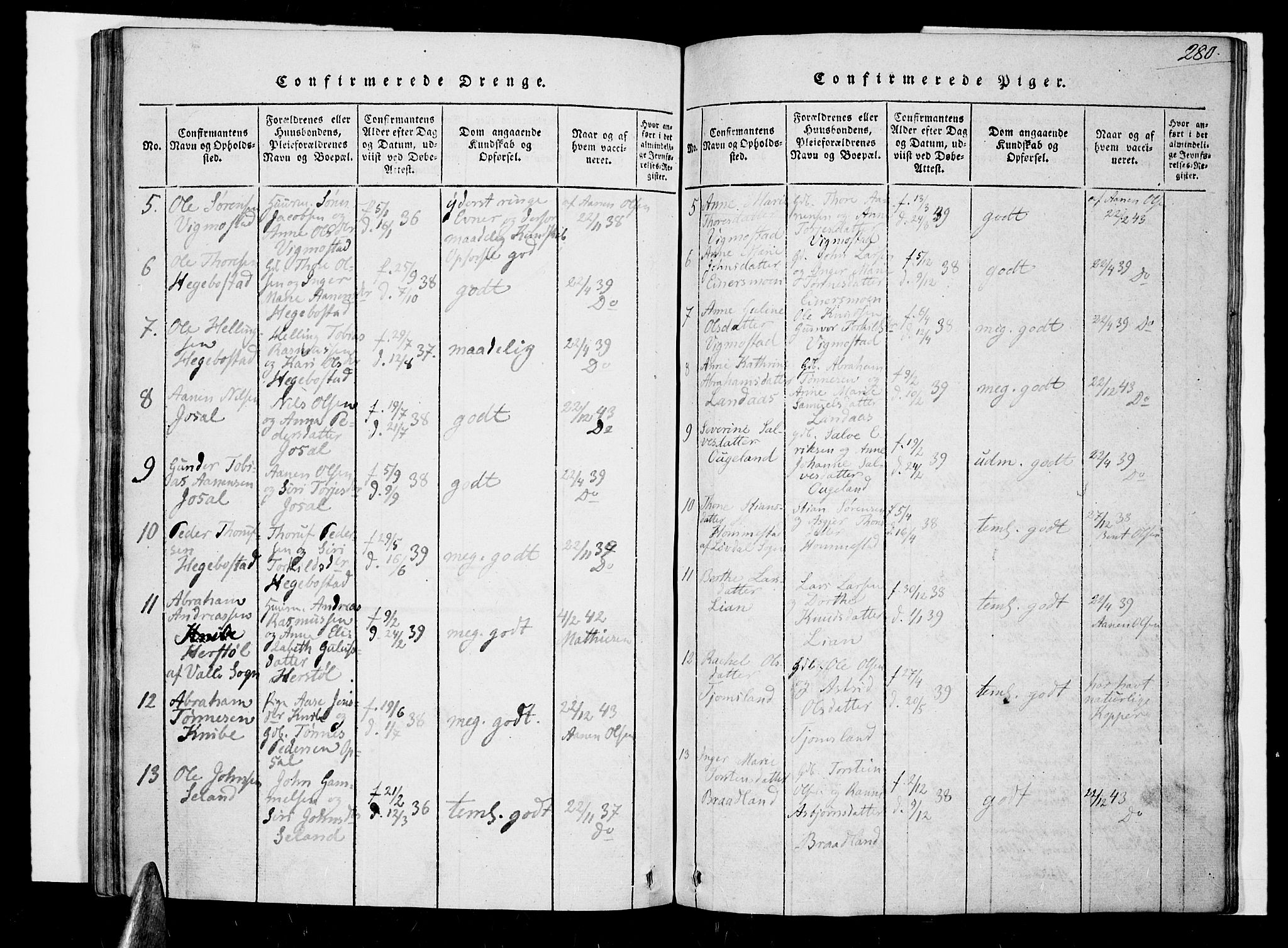 Nord-Audnedal sokneprestkontor, SAK/1111-0032/F/Fa/Fab/L0001: Parish register (official) no. A 1, 1816-1858, p. 280