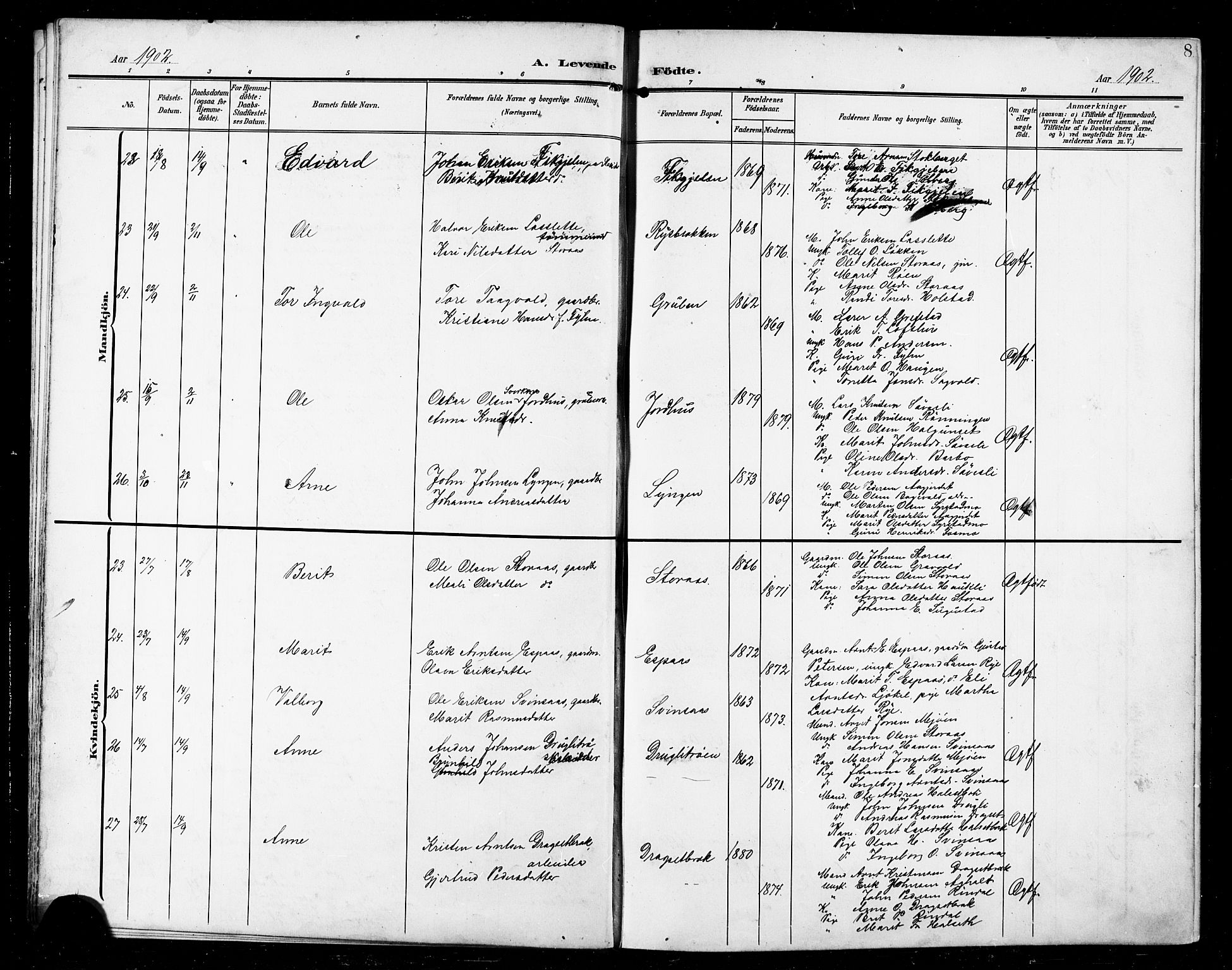 Ministerialprotokoller, klokkerbøker og fødselsregistre - Sør-Trøndelag, AV/SAT-A-1456/672/L0864: Parish register (copy) no. 672C03, 1902-1914, p. 8