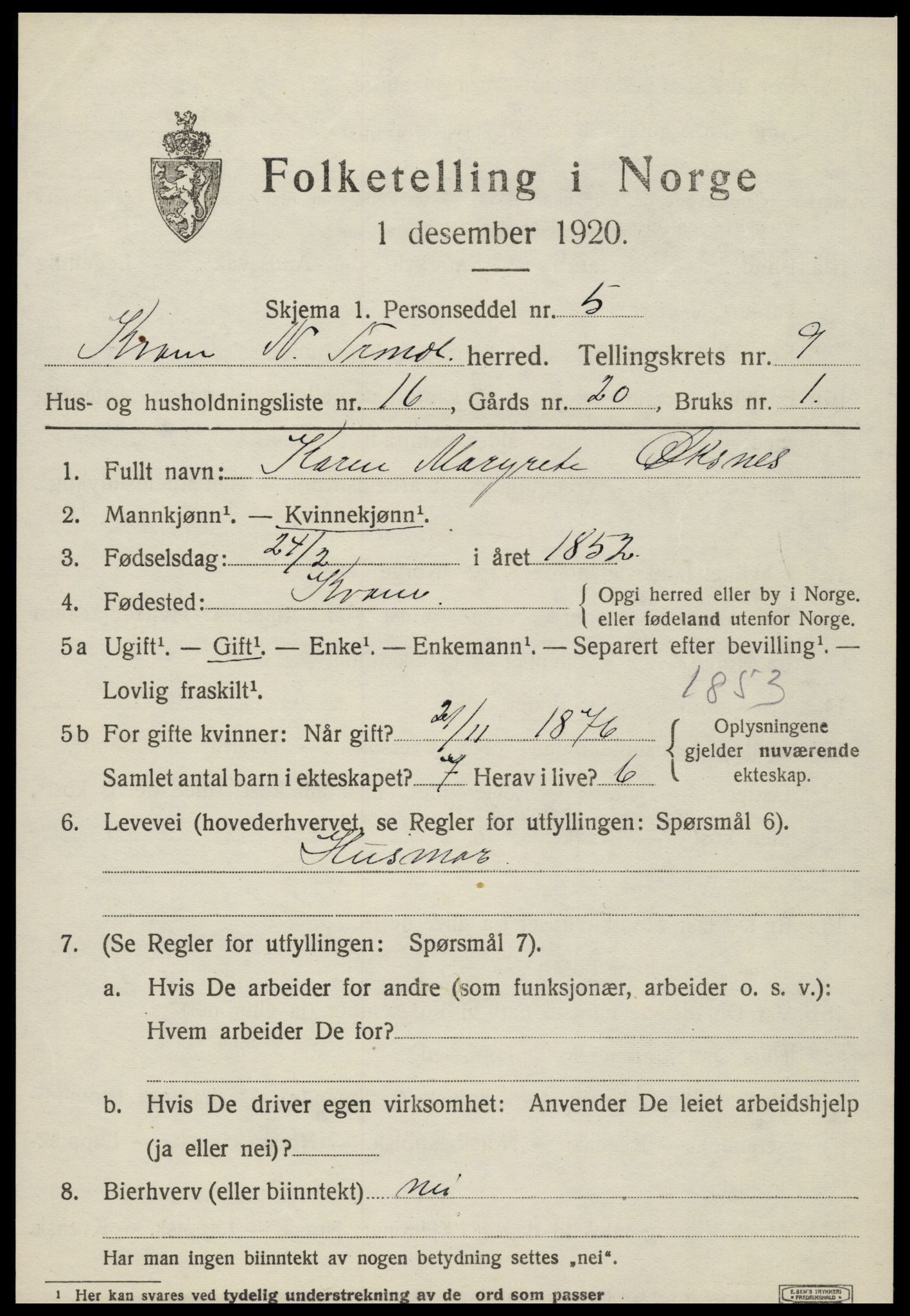 SAT, 1920 census for Kvam, 1920, p. 2509