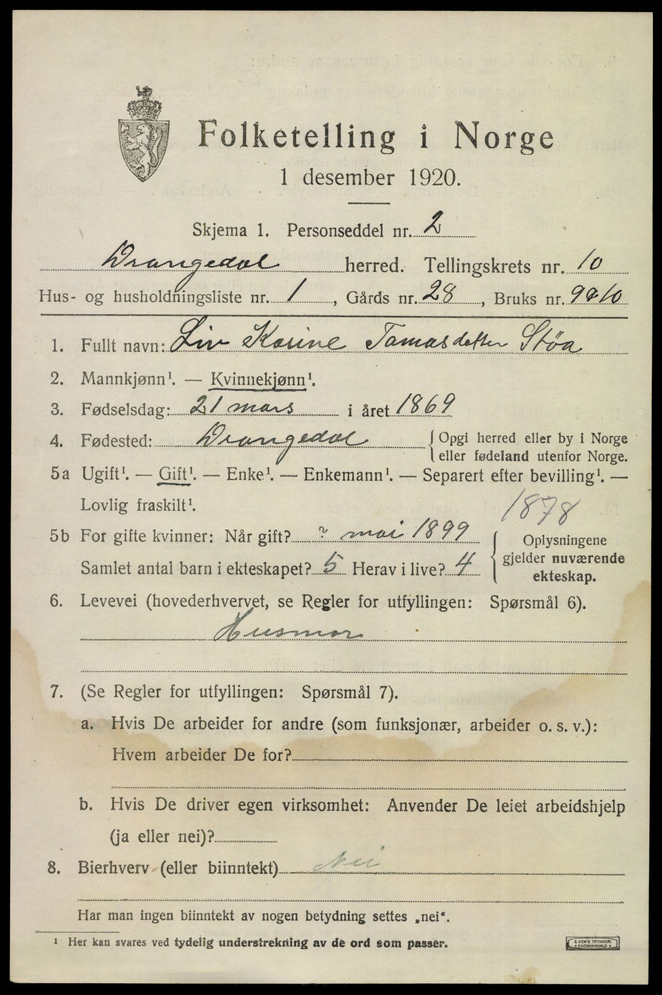 SAKO, 1920 census for Drangedal, 1920, p. 6143