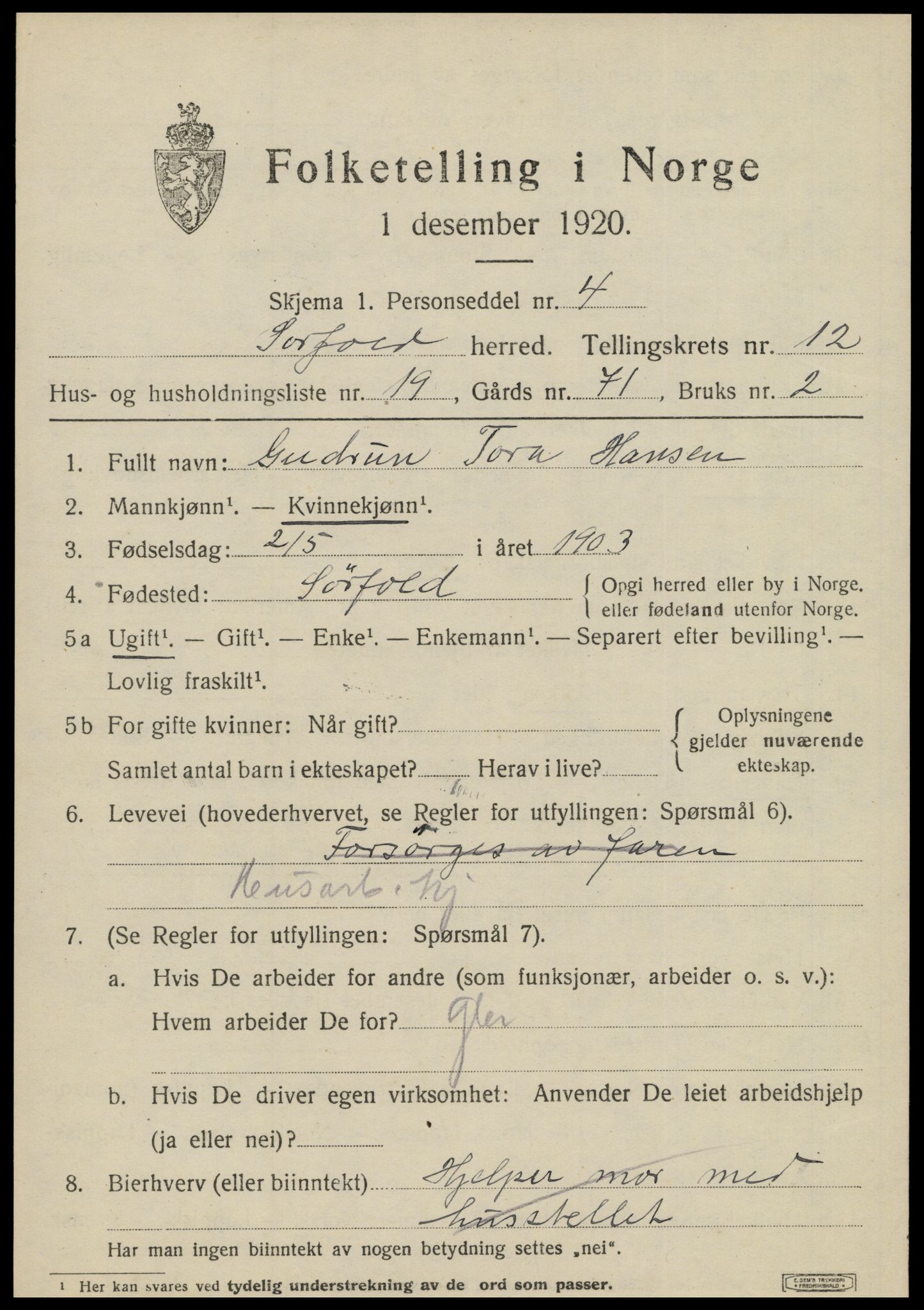 SAT, 1920 census for Sørfold, 1920, p. 6423