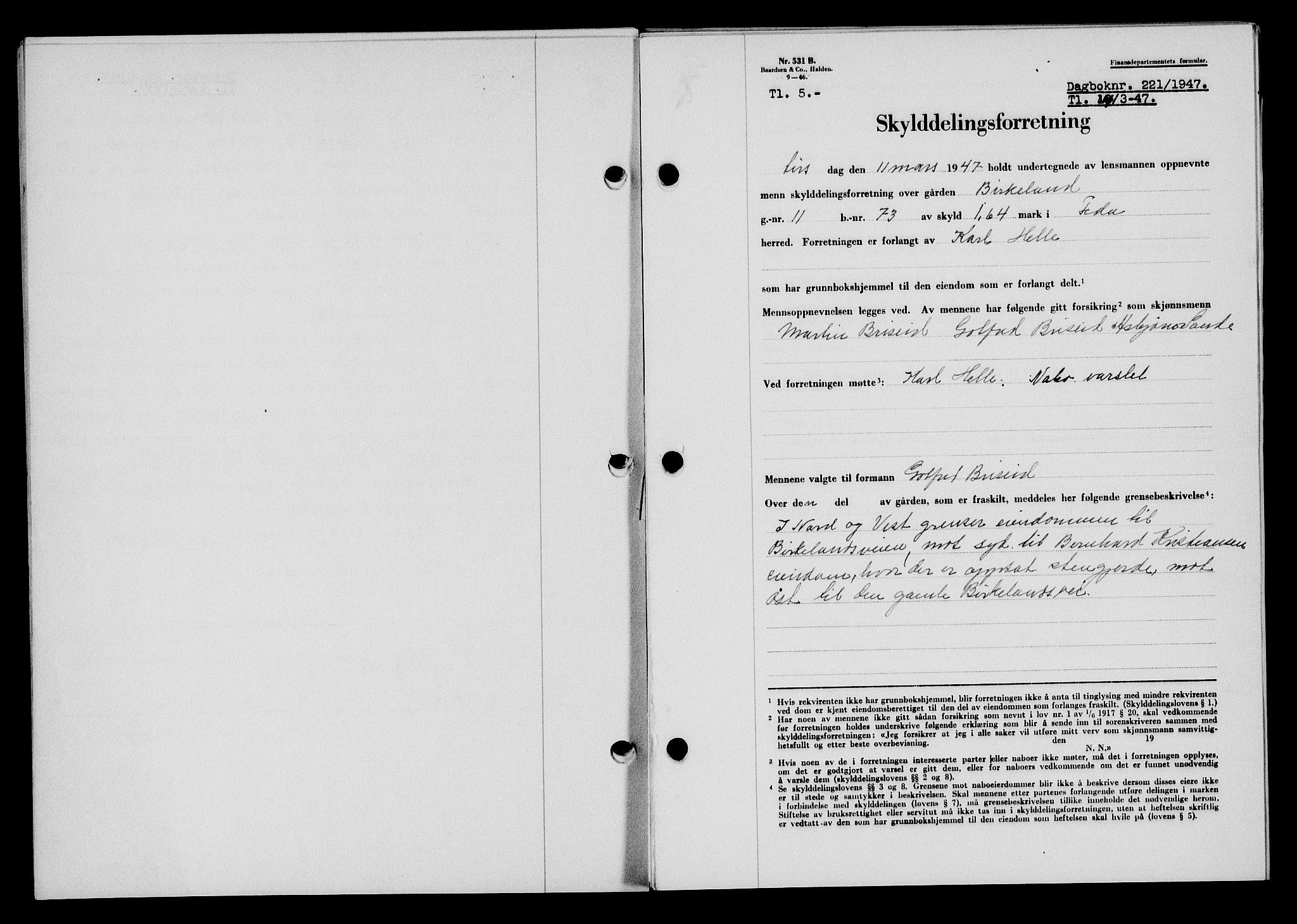 Flekkefjord sorenskriveri, AV/SAK-1221-0001/G/Gb/Gba/L0061: Mortgage book no. A-9, 1946-1947, Diary no: : 221/1947