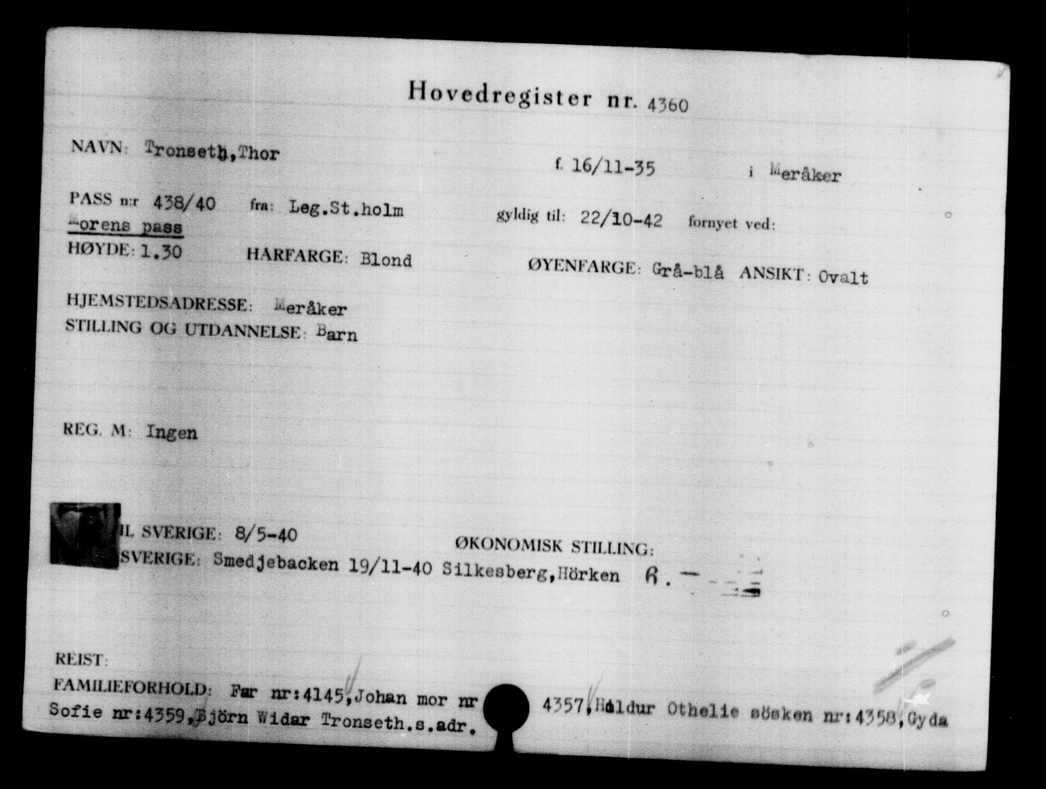 Utenriksstasjonene, Legasjonen i Stockholm, Flyktningkontoret, AV/RA-S-6753/V/Va/L0004: Kjesäterkartoteket, flyktninger med registreringsnr. 3496-6610, 1940-1945, p. 1045