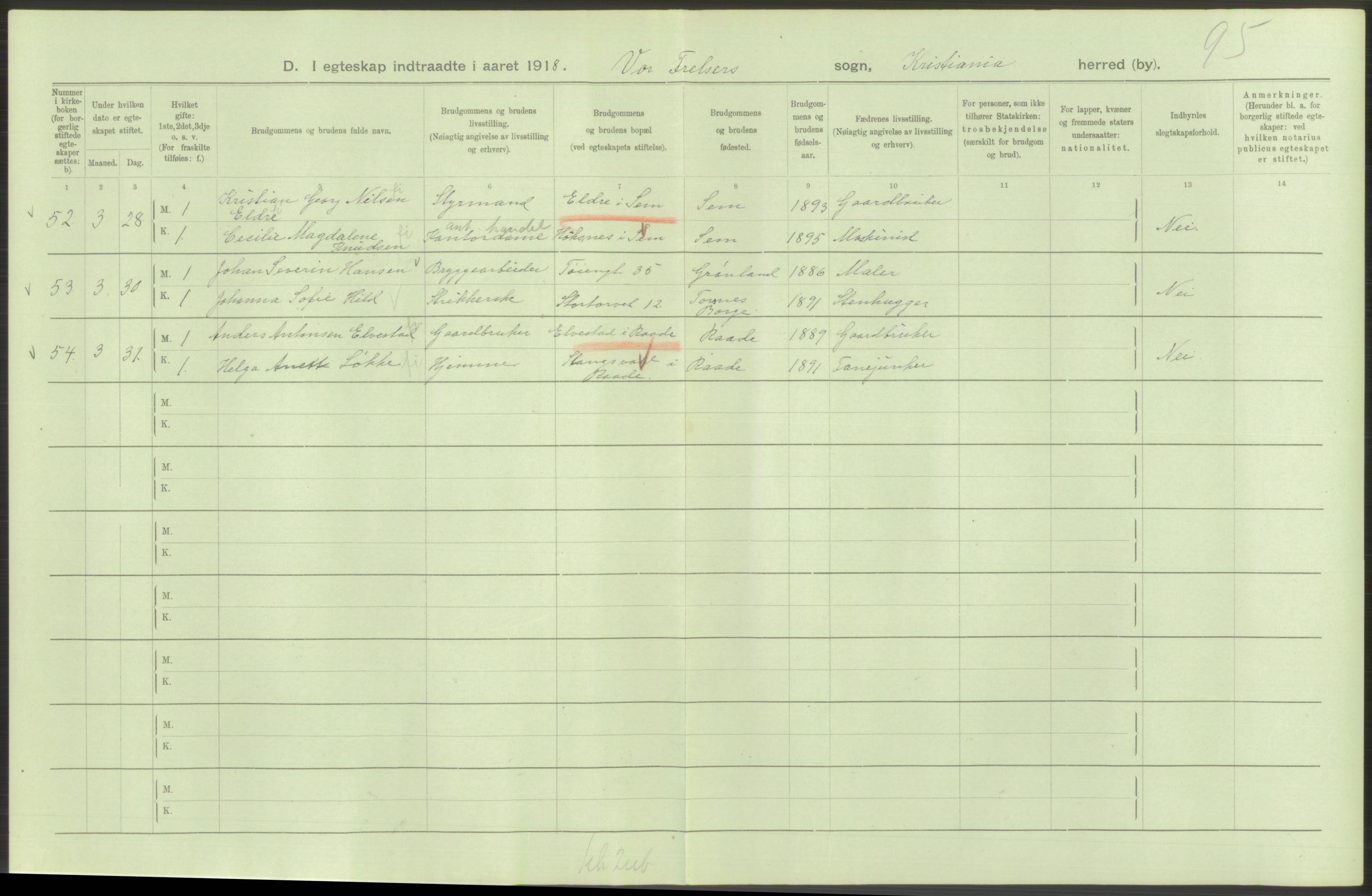 Statistisk sentralbyrå, Sosiodemografiske emner, Befolkning, RA/S-2228/D/Df/Dfb/Dfbh/L0009: Kristiania: Gifte, 1918, p. 56