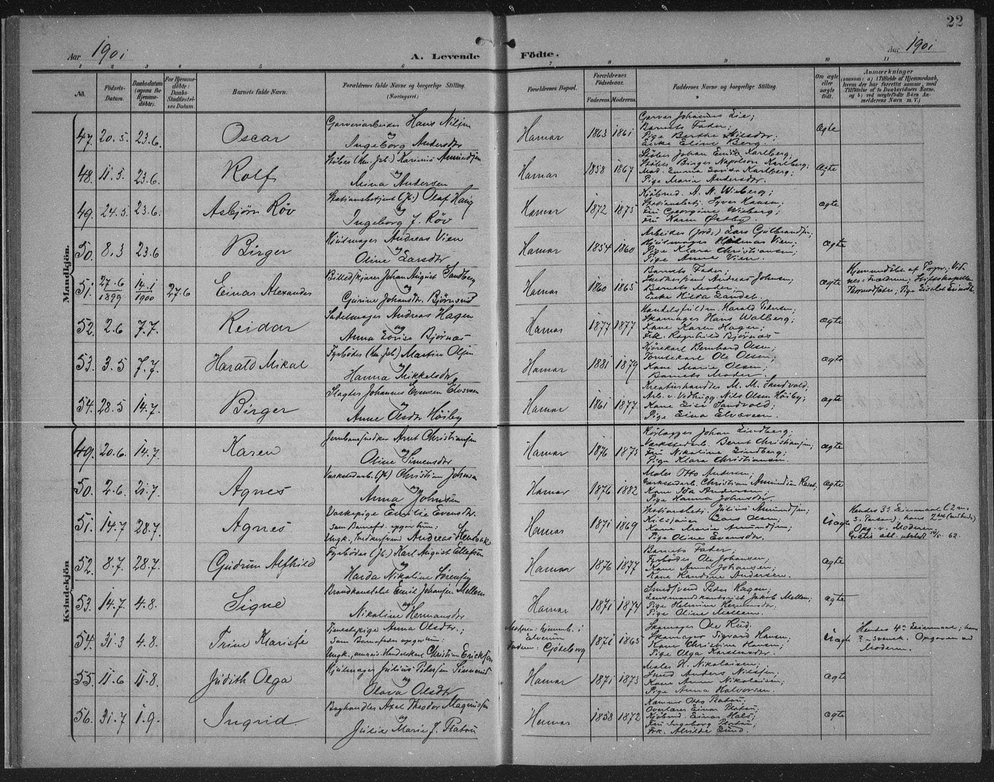 Hamar prestekontor, AV/SAH-DOMPH-002/H/Ha/Haa/L0001: Parish register (official) no. 1, 1900-1914, p. 22
