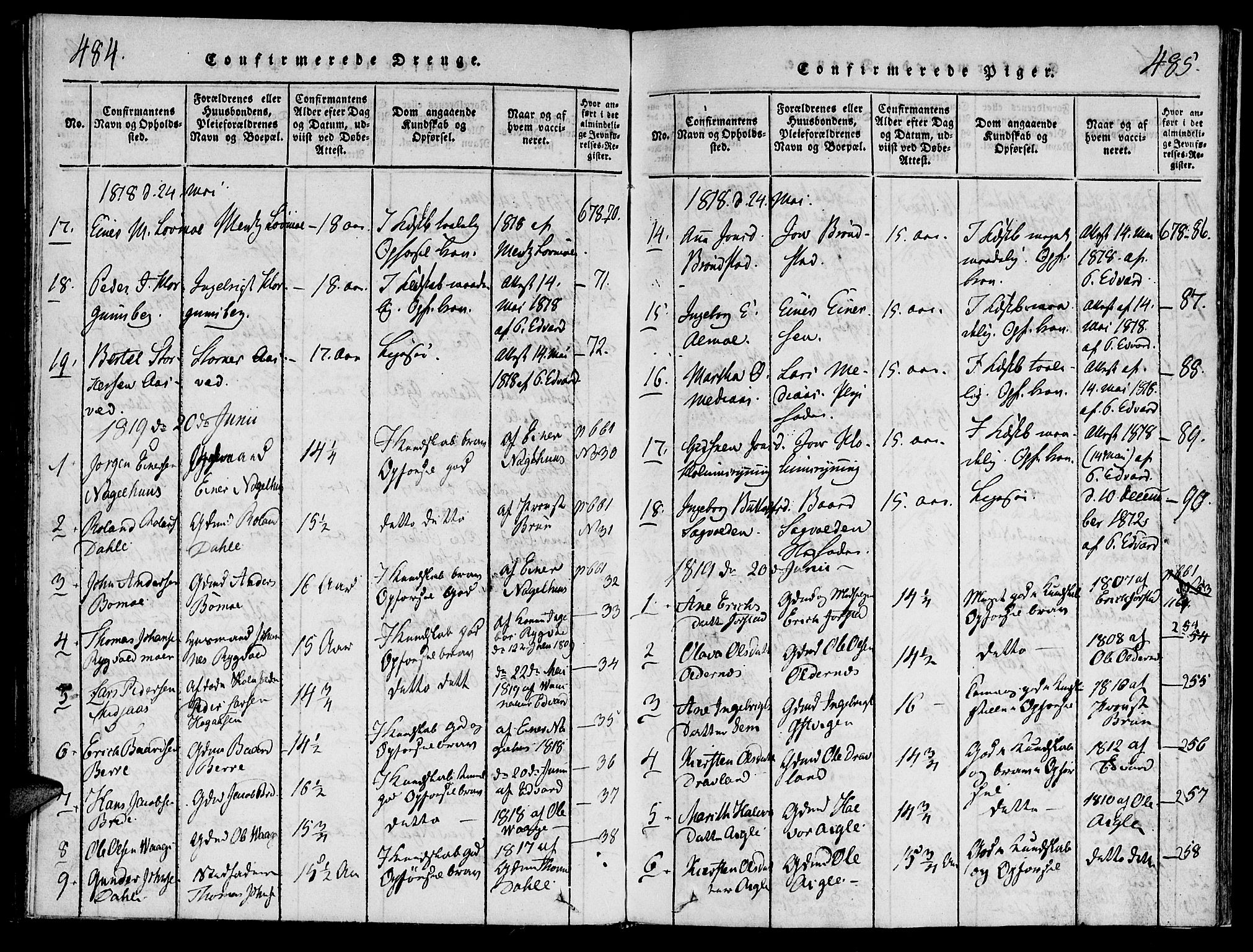 Ministerialprotokoller, klokkerbøker og fødselsregistre - Nord-Trøndelag, SAT/A-1458/749/L0479: Parish register (copy) no. 749C01, 1817-1829, p. 484-485