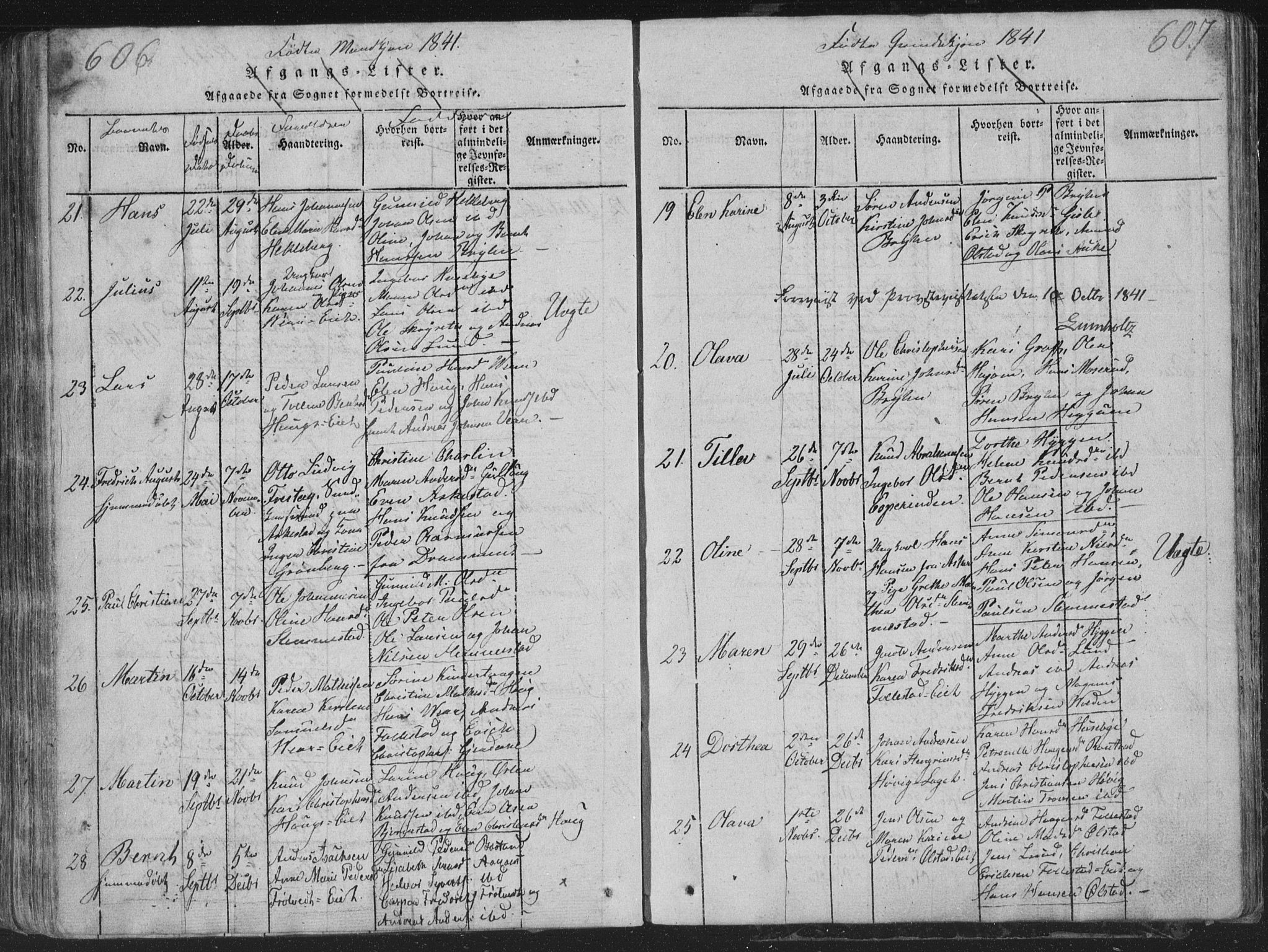 Røyken kirkebøker, AV/SAKO-A-241/G/Ga/L0003: Parish register (copy) no. 3, 1814-1856, p. 606-607