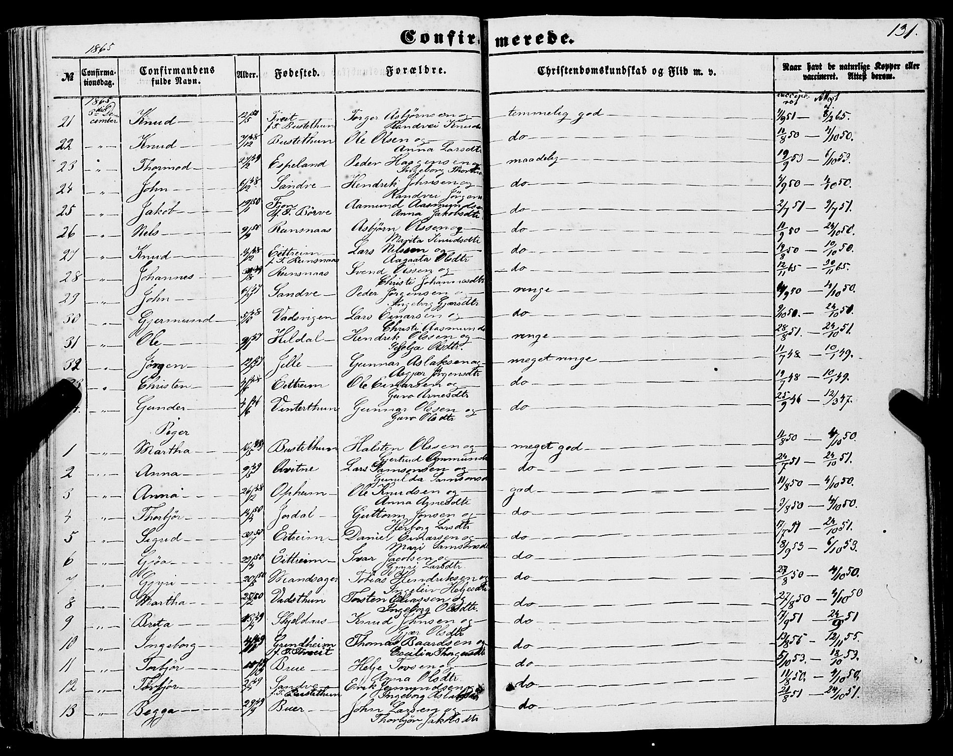 Ullensvang sokneprestembete, AV/SAB-A-78701/H/Haa: Parish register (official) no. A 11, 1854-1866, p. 131