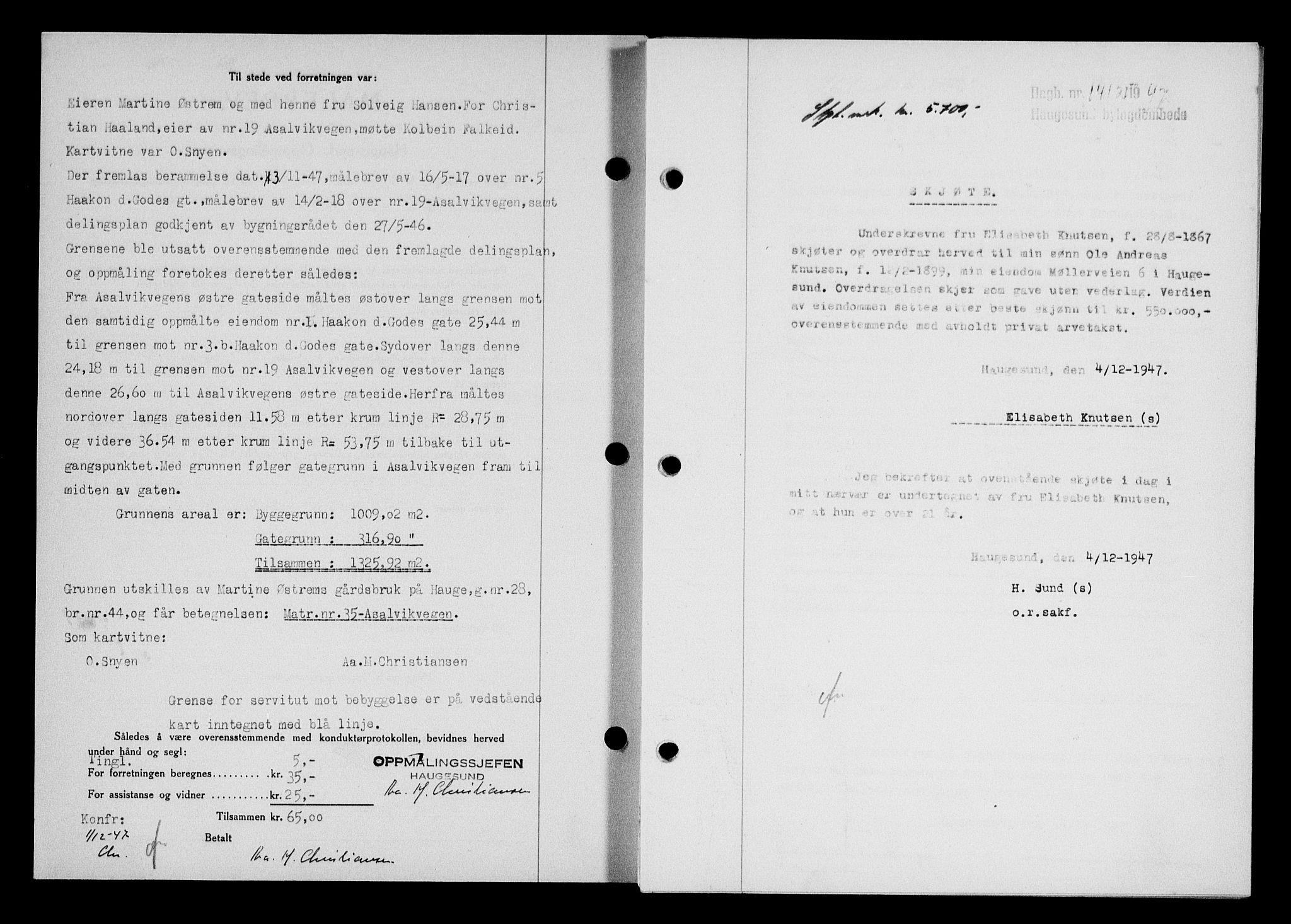 Haugesund tingrett, AV/SAST-A-101415/01/II/IIC/L0063: Mortgage book no. A 4, 1946-1948, Diary no: : 1412/1947