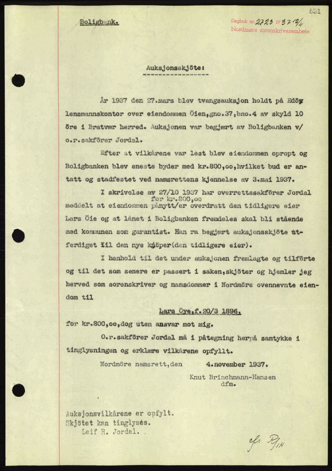 Nordmøre sorenskriveri, SAT/A-4132/1/2/2Ca: Mortgage book no. A82, 1937-1938, Diary no: : 2723/1937
