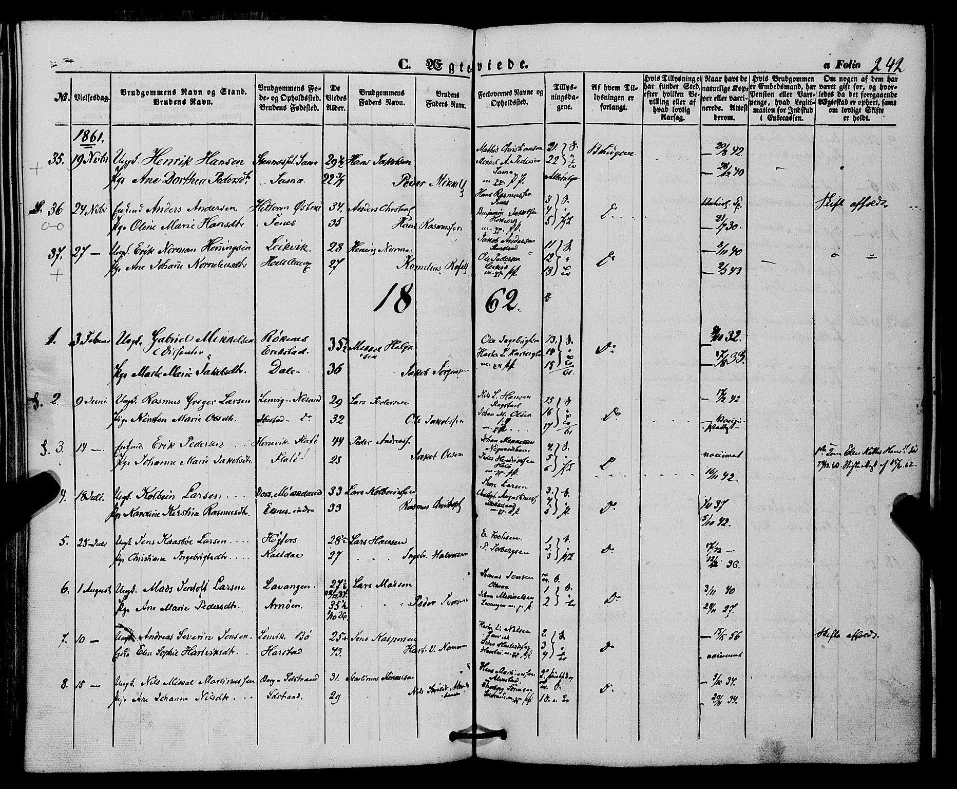 Trondenes sokneprestkontor, AV/SATØ-S-1319/H/Ha/L0011kirke: Parish register (official) no. 11, 1853-1862, p. 242