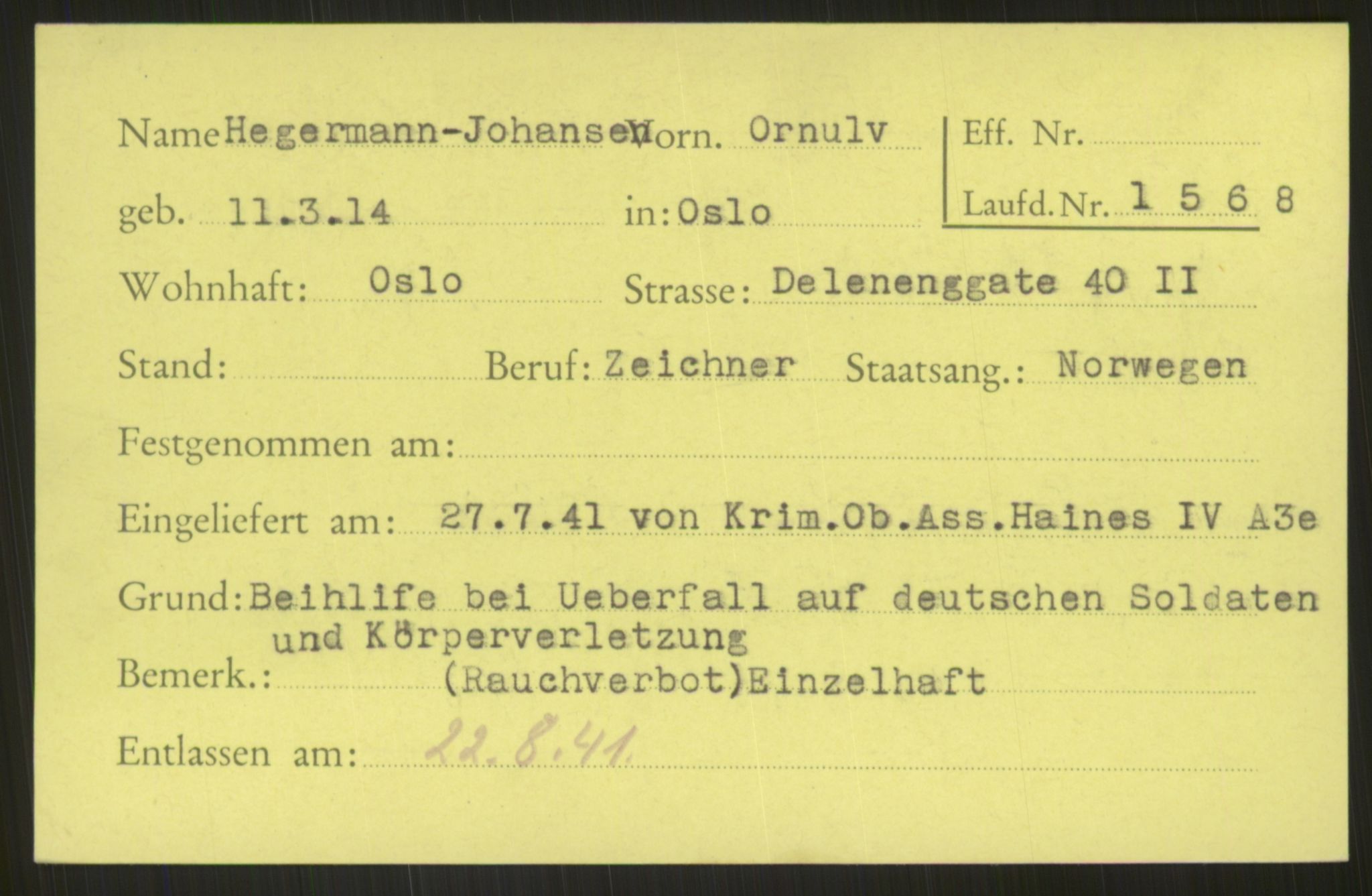 Befehlshaber der Sicherheitspolizei und des SD, AV/RA-RAFA-5969/E/Ea/Eab/L0001: Register over norske fanger i Møllergata 19 ordnet etter fangenummer: 1-2049, 1940-1945