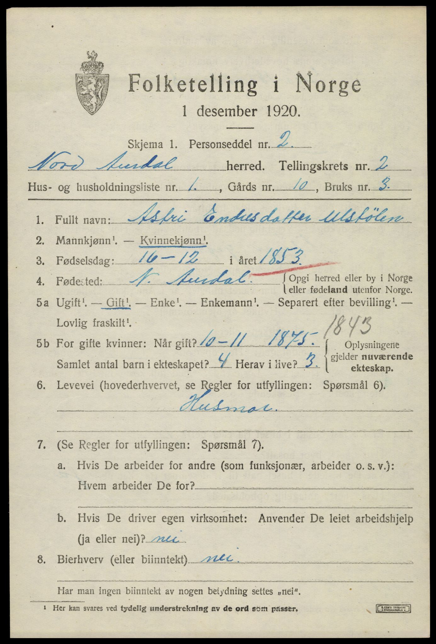 SAH, 1920 census for Nord-Aurdal, 1920, p. 3124