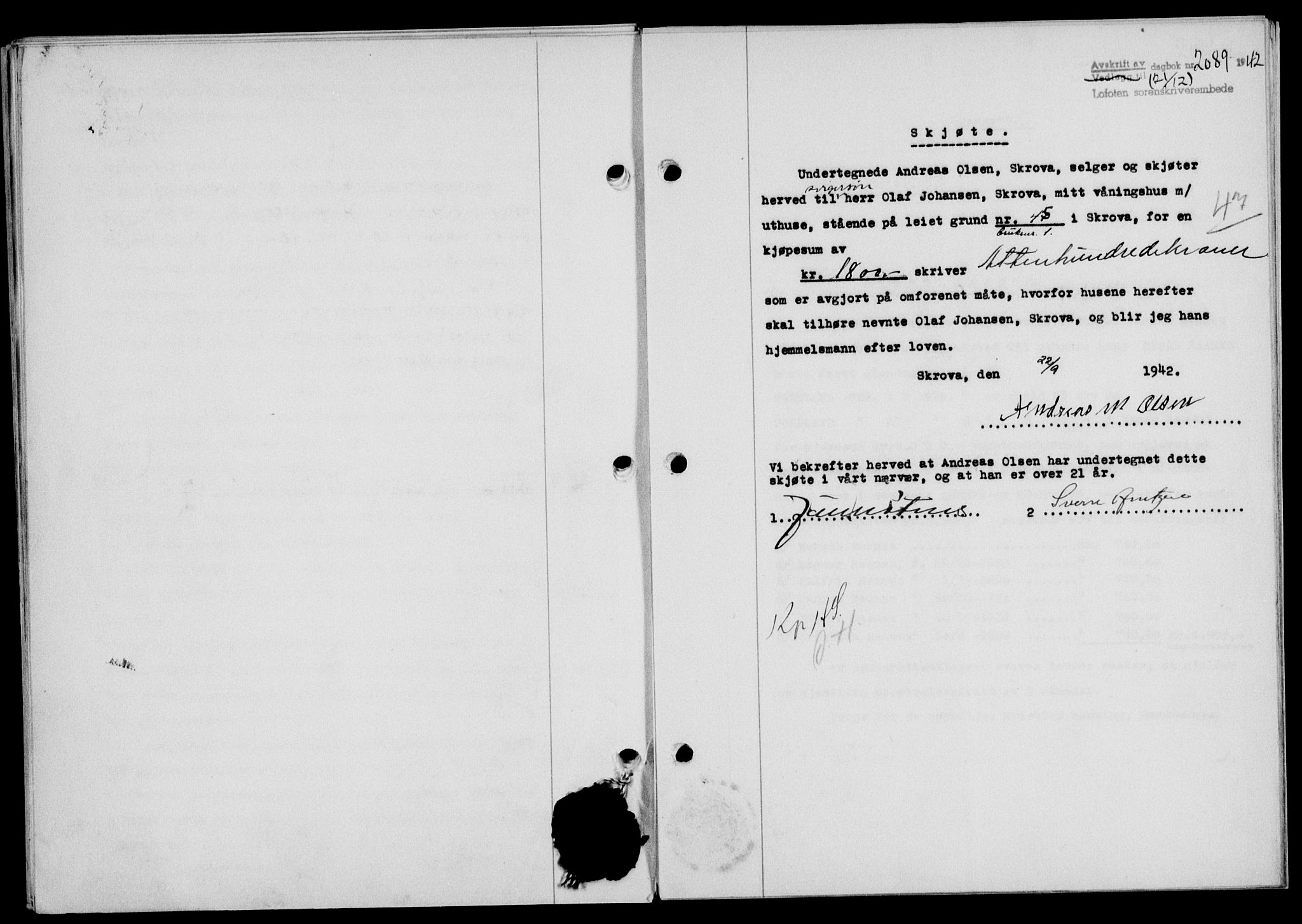 Lofoten sorenskriveri, SAT/A-0017/1/2/2C/L0010a: Mortgage book no. 10a, 1942-1943, Diary no: : 2089/1942