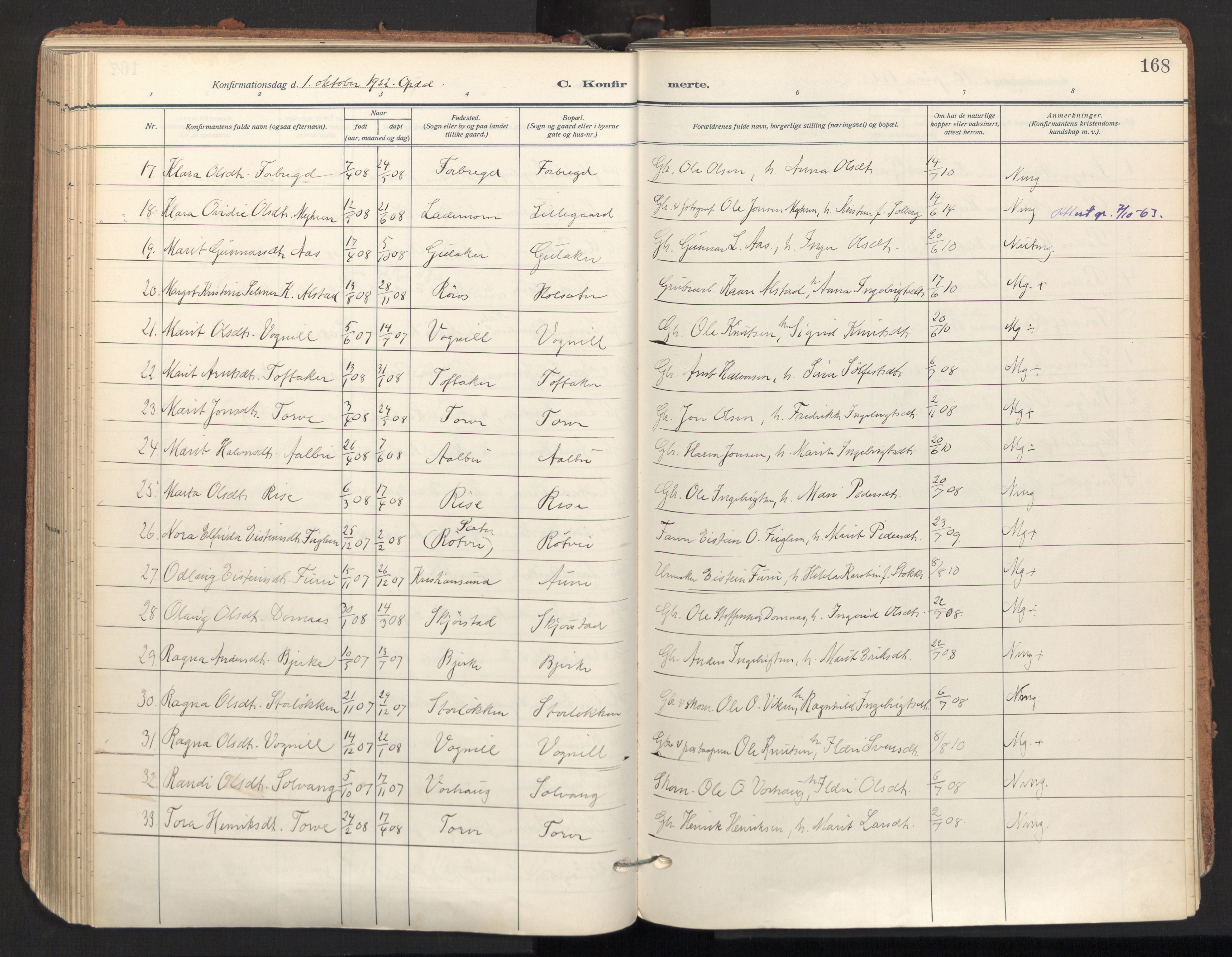Ministerialprotokoller, klokkerbøker og fødselsregistre - Sør-Trøndelag, SAT/A-1456/678/L0909: Parish register (official) no. 678A17, 1912-1930, p. 168