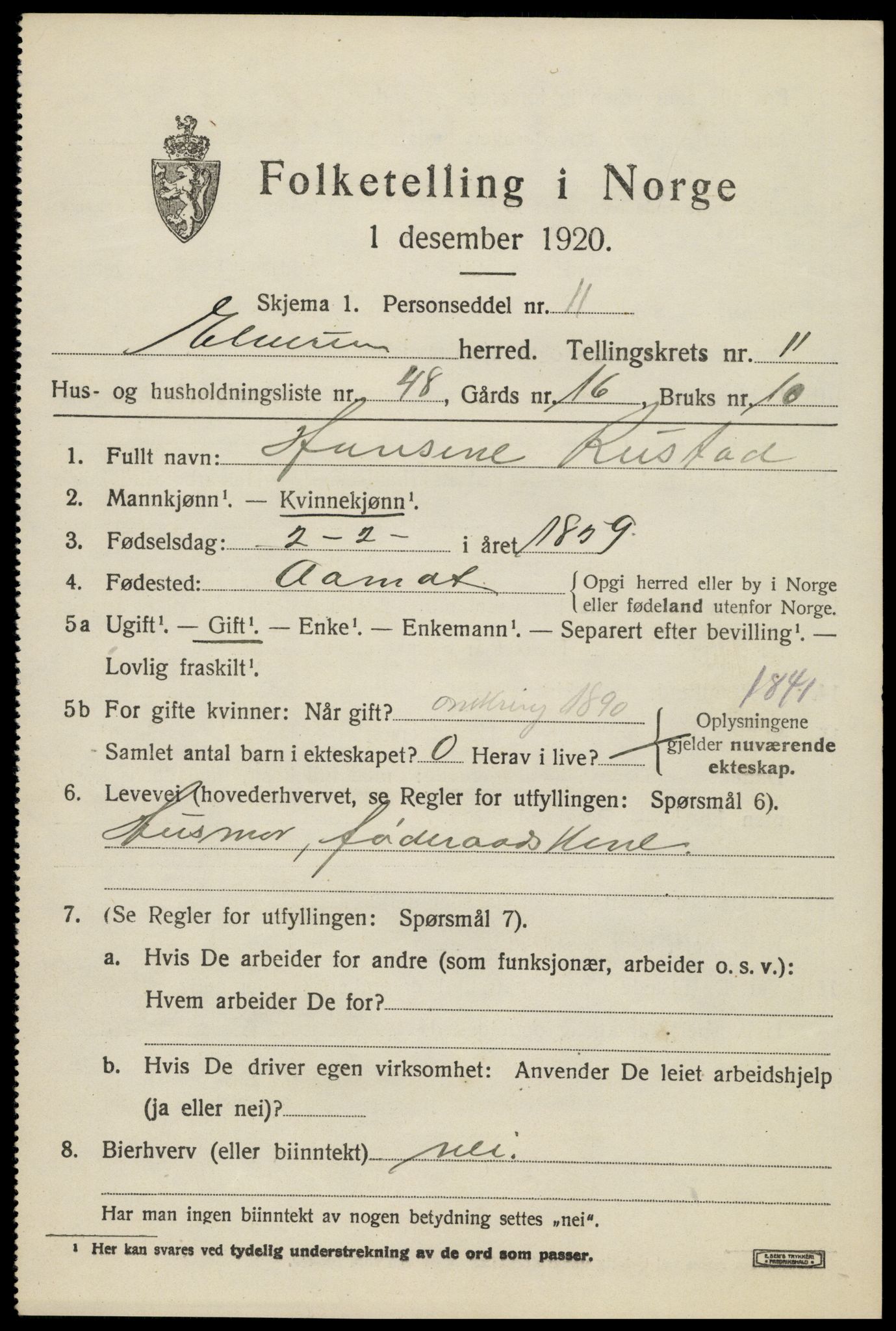 SAH, 1920 census for Elverum, 1920, p. 16884