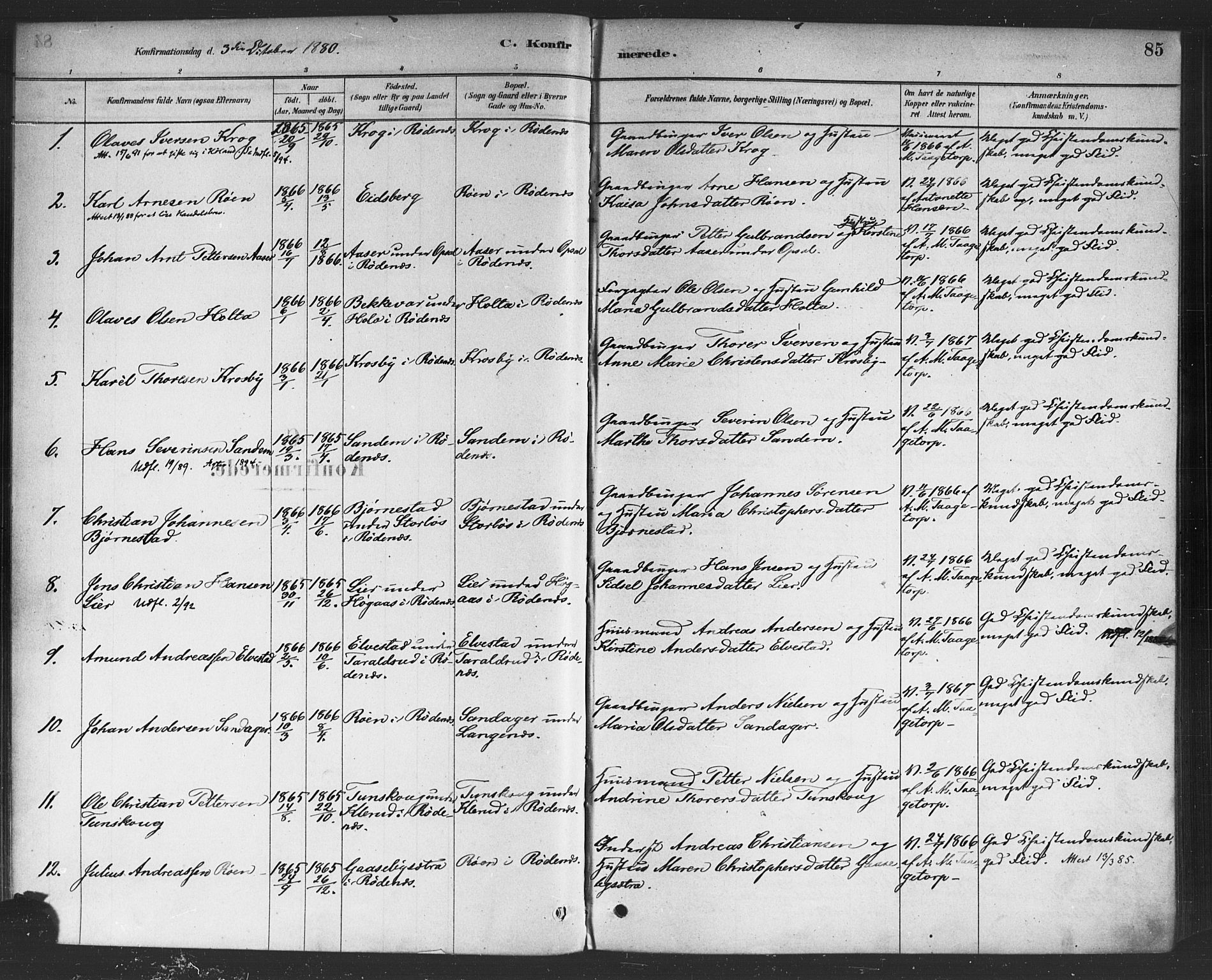 Rødenes prestekontor Kirkebøker, SAO/A-2005/F/Fa/L0009: Parish register (official) no. I 9, 1880-1889, p. 85