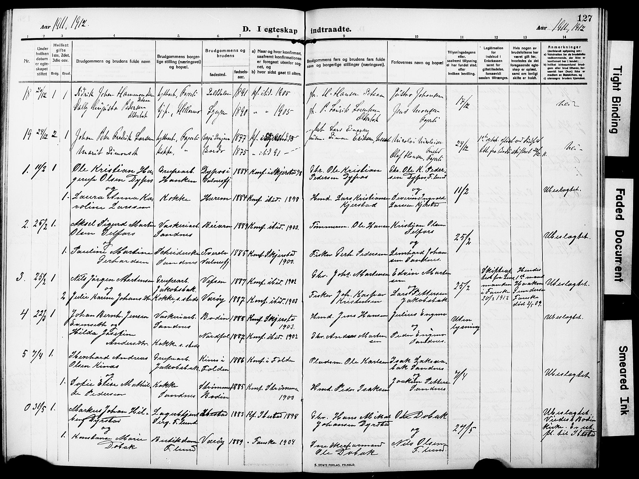 Ministerialprotokoller, klokkerbøker og fødselsregistre - Nordland, AV/SAT-A-1459/850/L0710: Parish register (official) no. 850A02, 1910-1920, p. 127