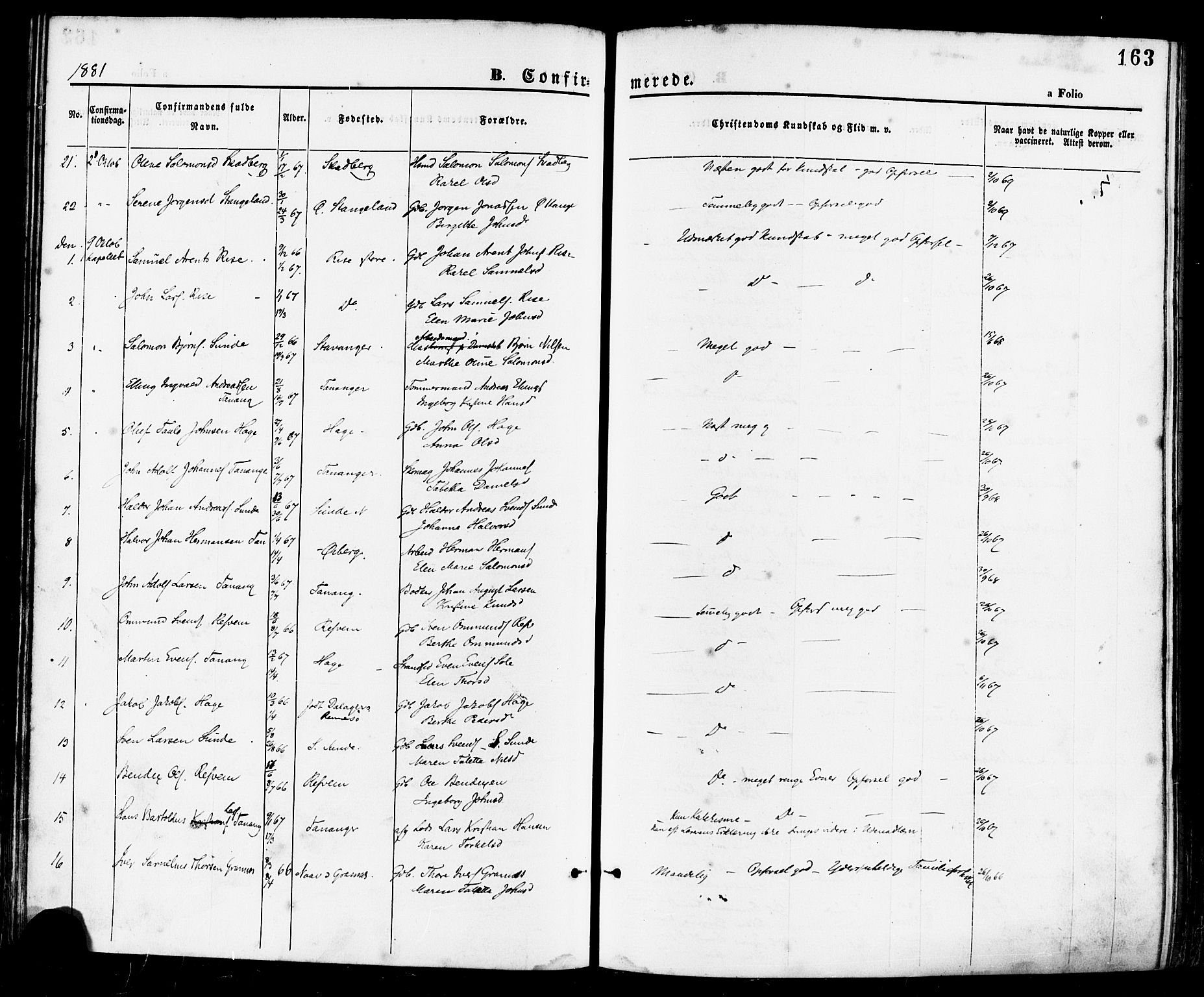 Håland sokneprestkontor, AV/SAST-A-101802/001/30BA/L0009: Parish register (official) no. A 8, 1871-1882, p. 163