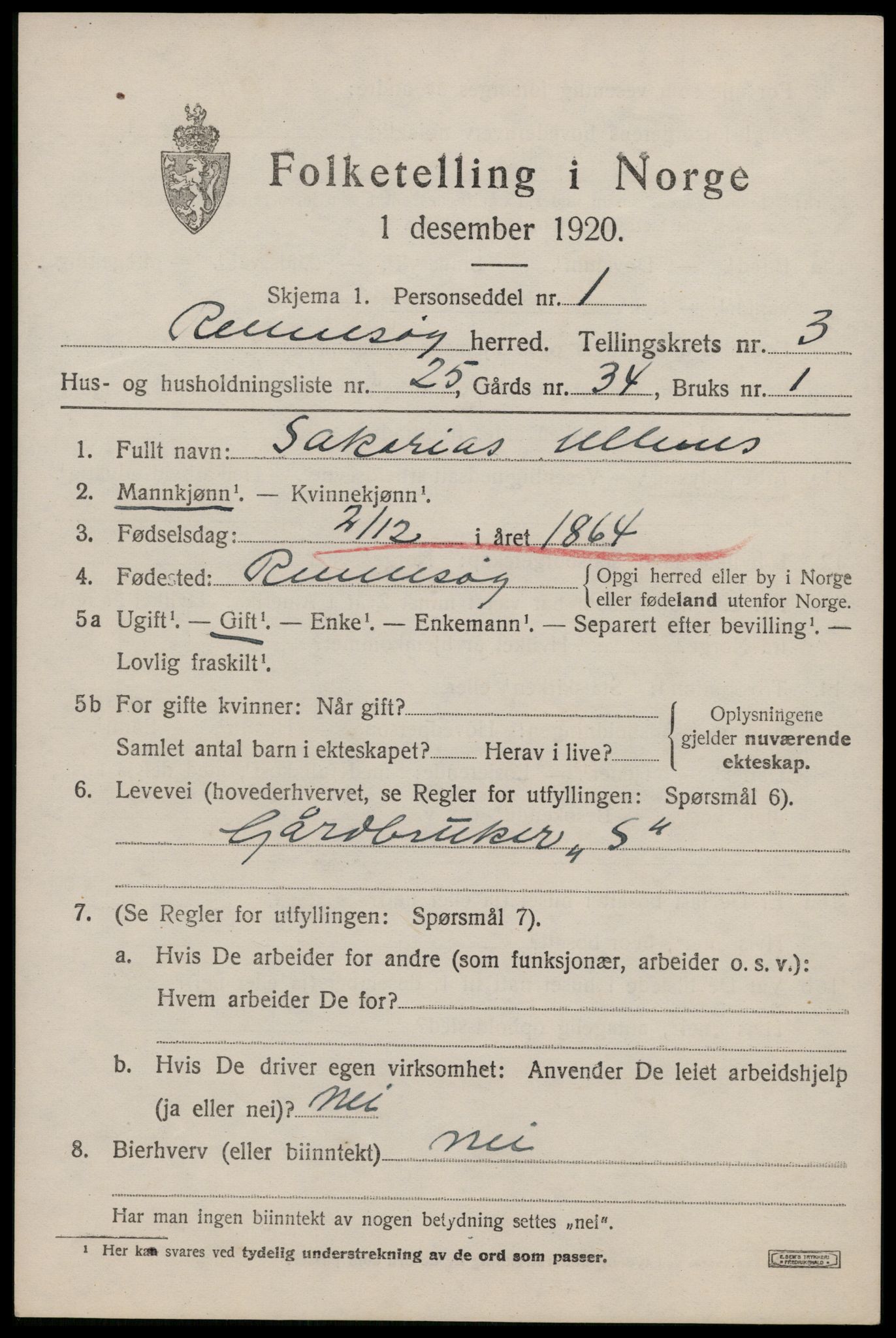 SAST, 1920 census for Rennesøy, 1920, p. 2242