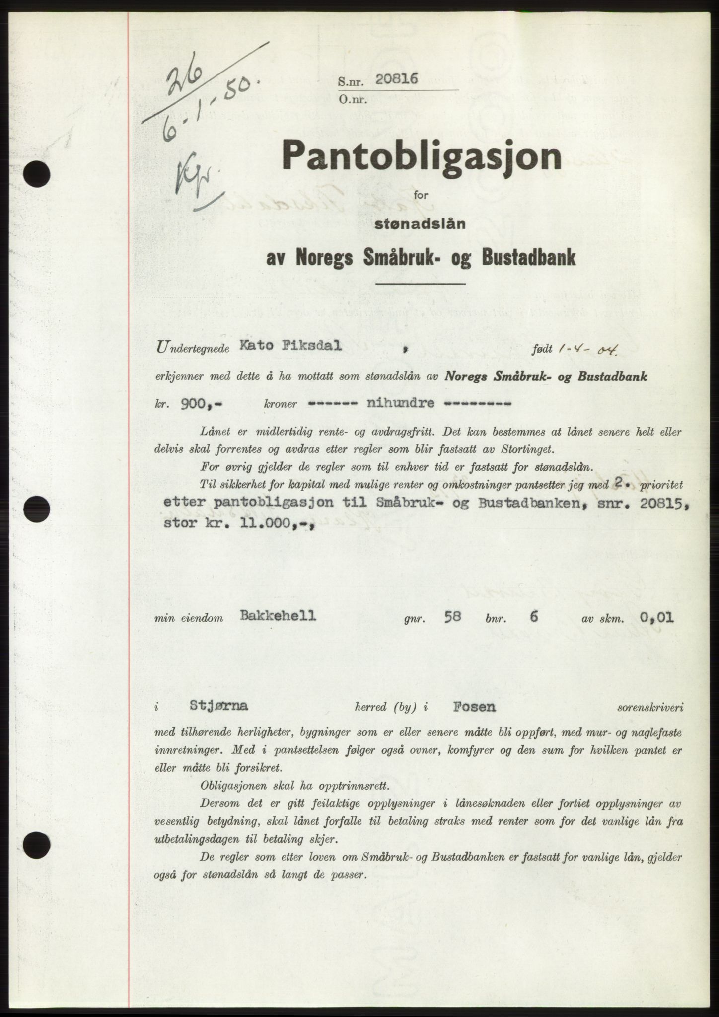 Fosen sorenskriveri, AV/SAT-A-1107/1/2/2C: Mortgage book no. B, 1948-1950, Diary no: : 26/1950