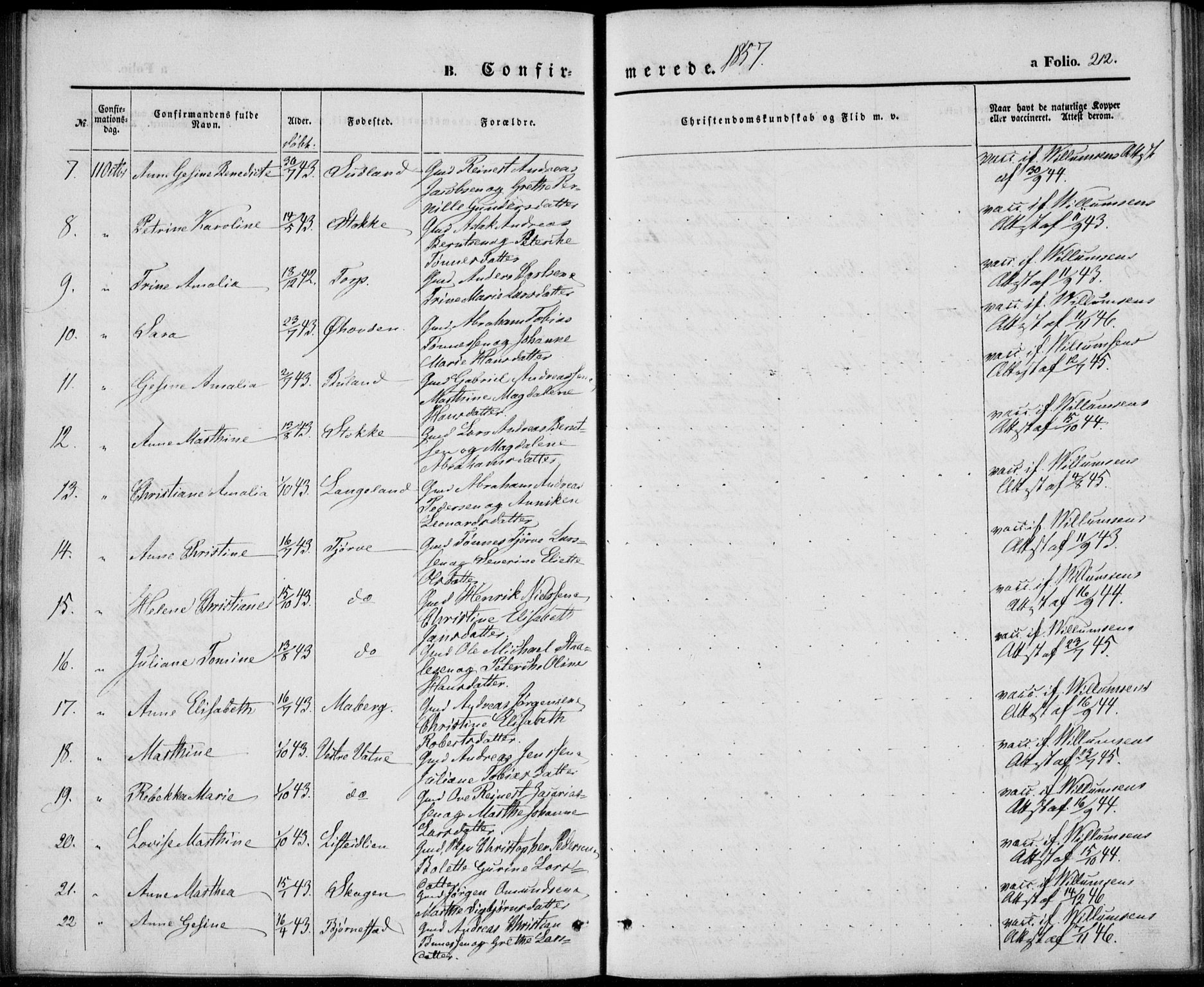 Lista sokneprestkontor, AV/SAK-1111-0027/F/Fb/L0002: Parish register (copy) no. B 2, 1847-1862, p. 212