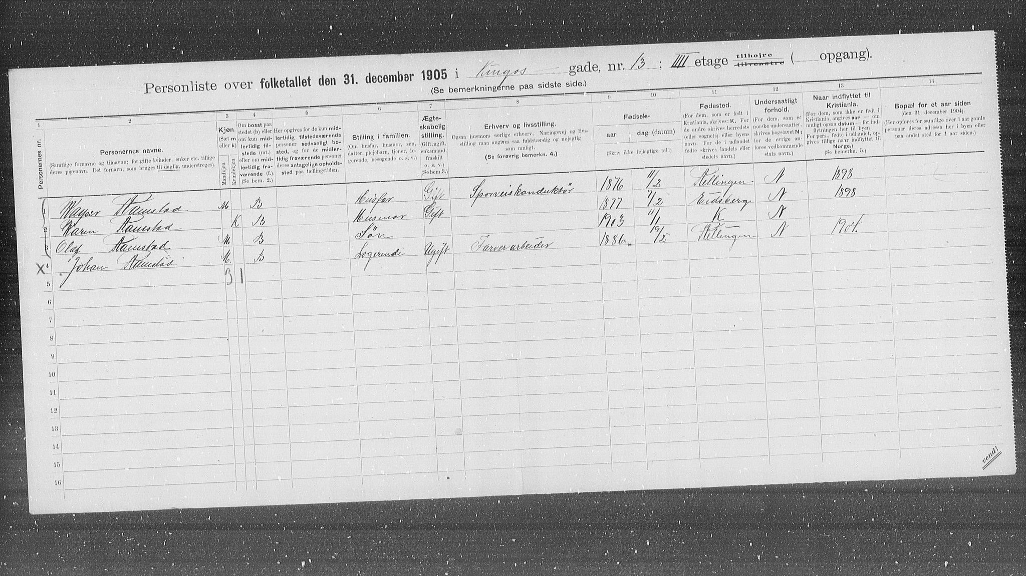 OBA, Municipal Census 1905 for Kristiania, 1905, p. 26011