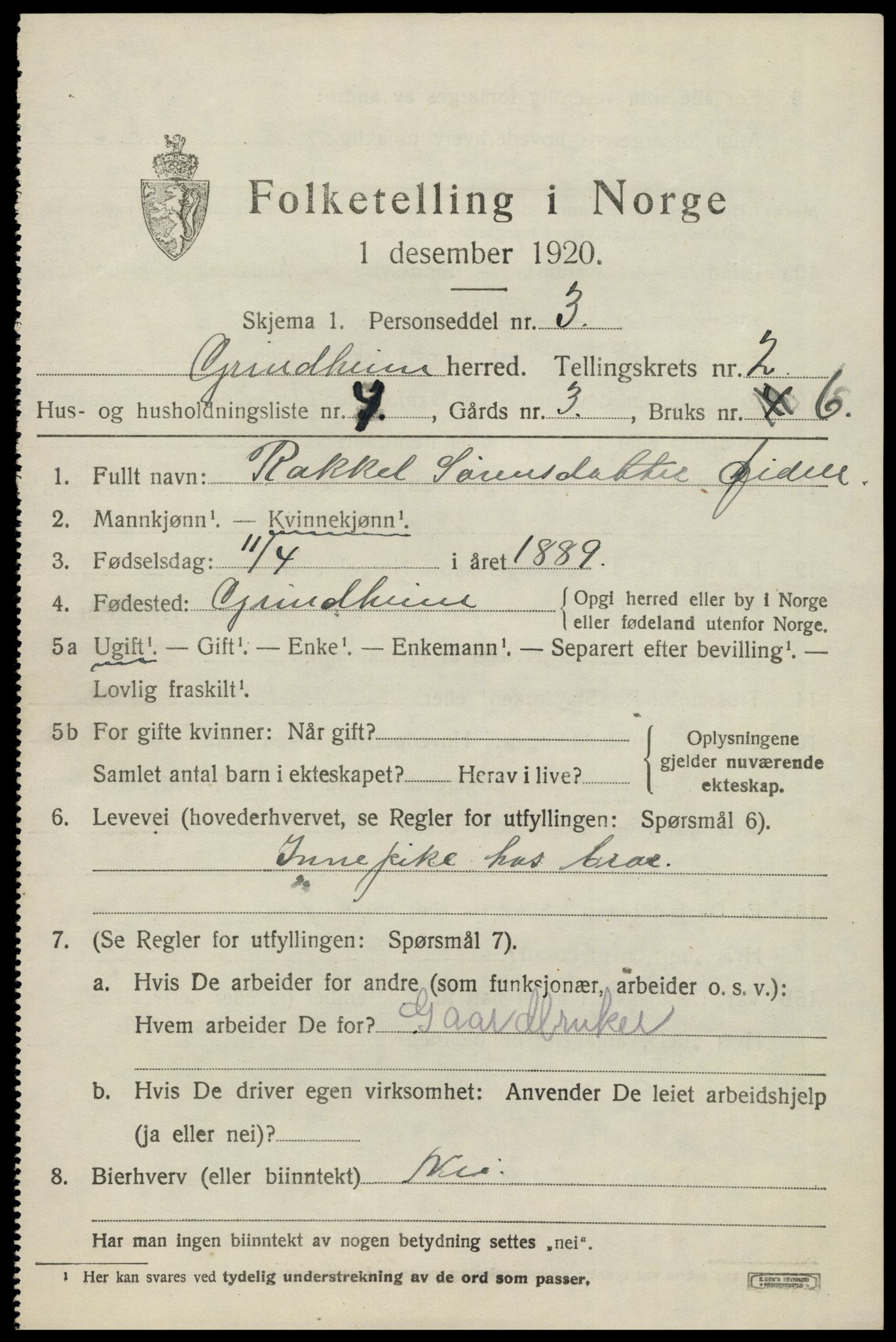 SAK, 1920 census for Grindheim, 1920, p. 589