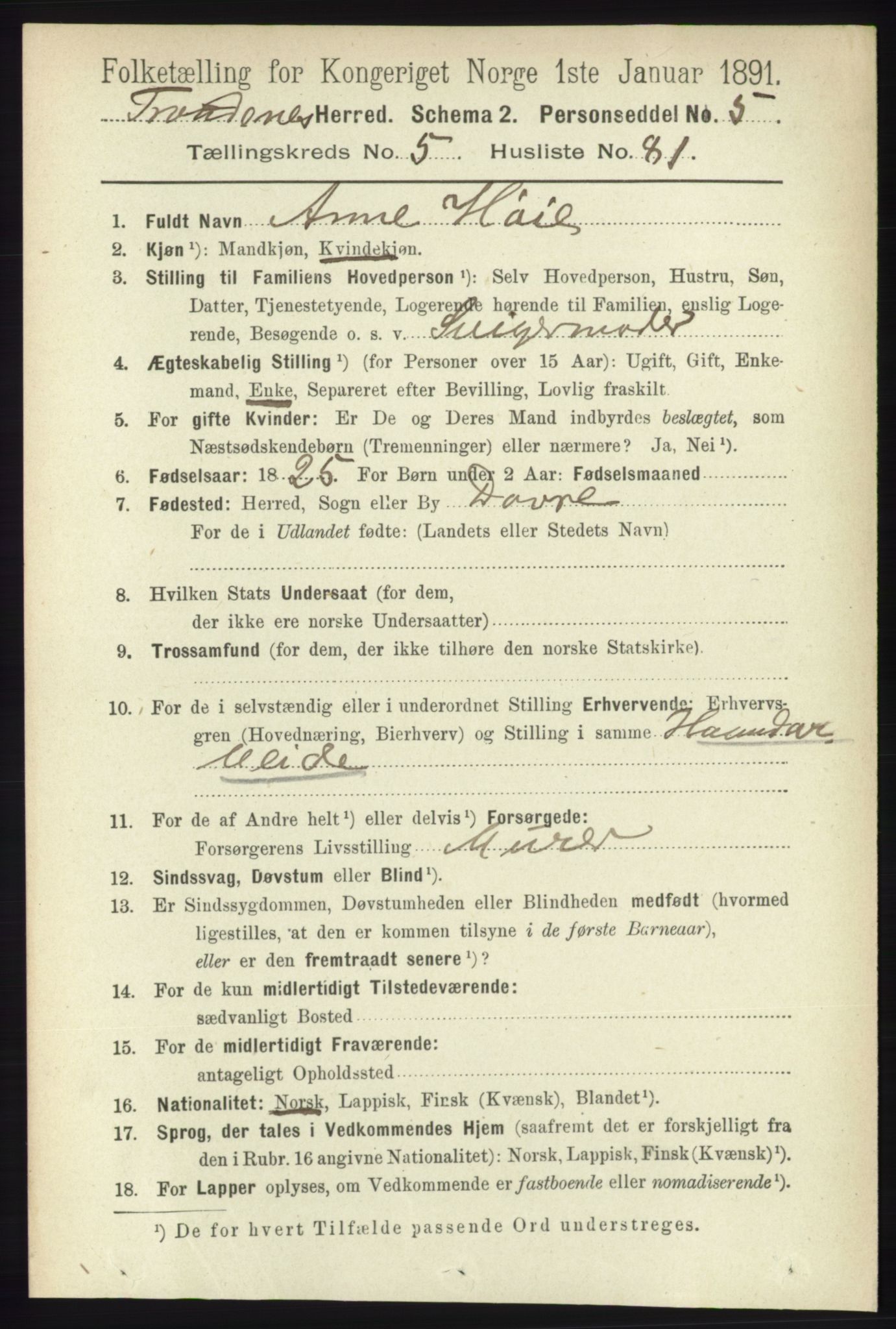 RA, 1891 census for 1914 Trondenes, 1891, p. 3431