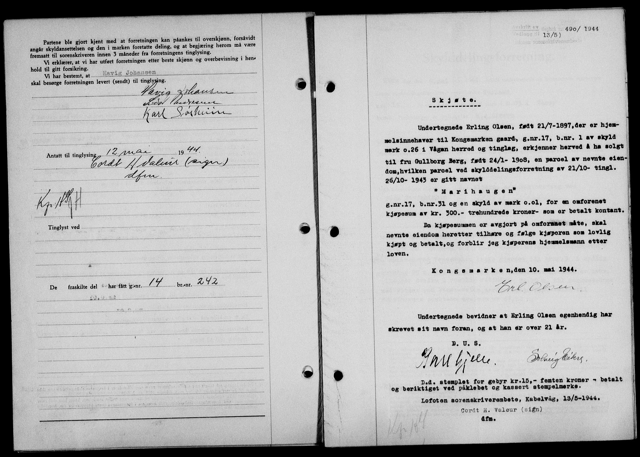 Lofoten sorenskriveri, SAT/A-0017/1/2/2C/L0012a: Mortgage book no. 12a, 1943-1944, Diary no: : 490/1944