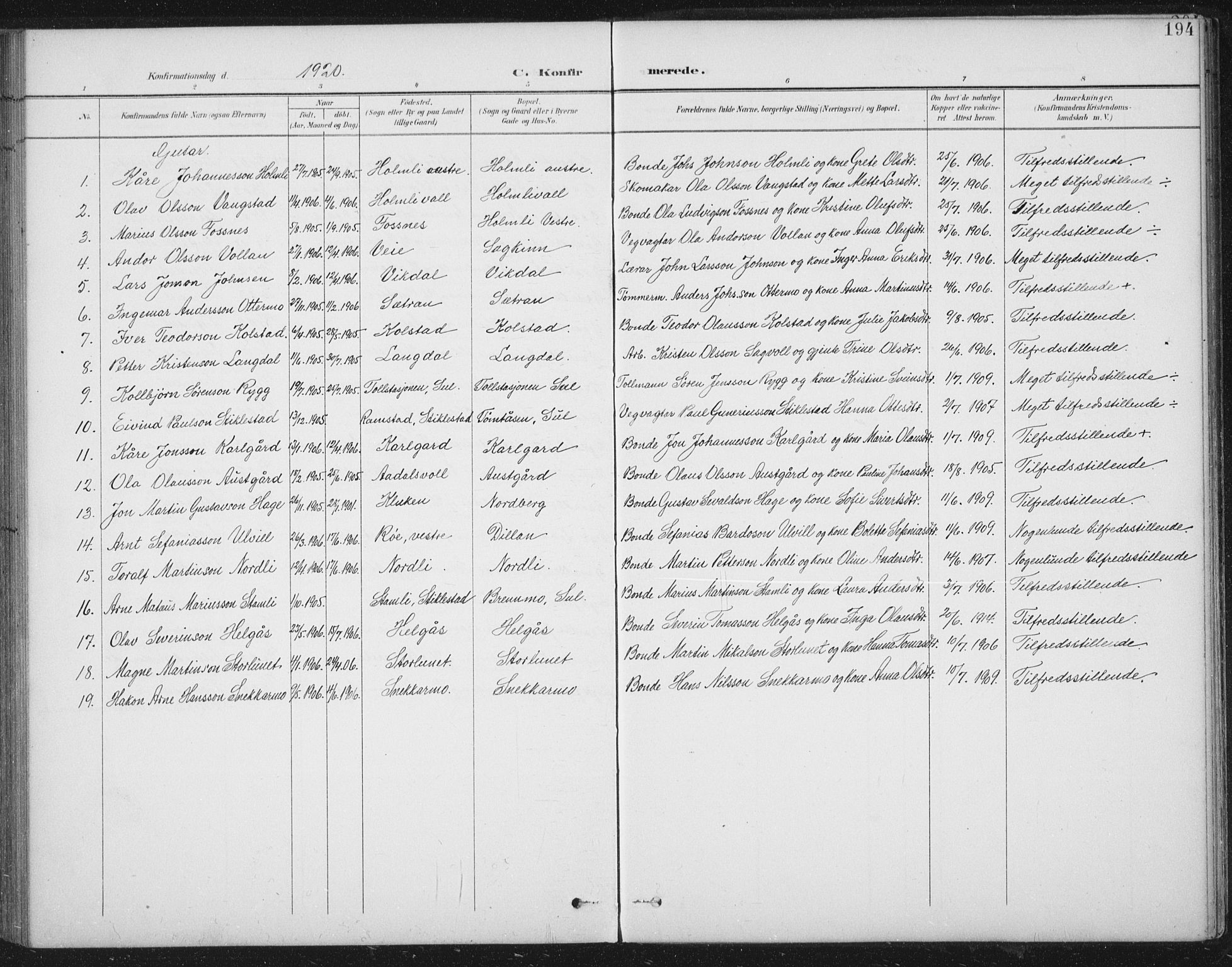 Ministerialprotokoller, klokkerbøker og fødselsregistre - Nord-Trøndelag, AV/SAT-A-1458/724/L0269: Parish register (copy) no. 724C05, 1899-1920, p. 194