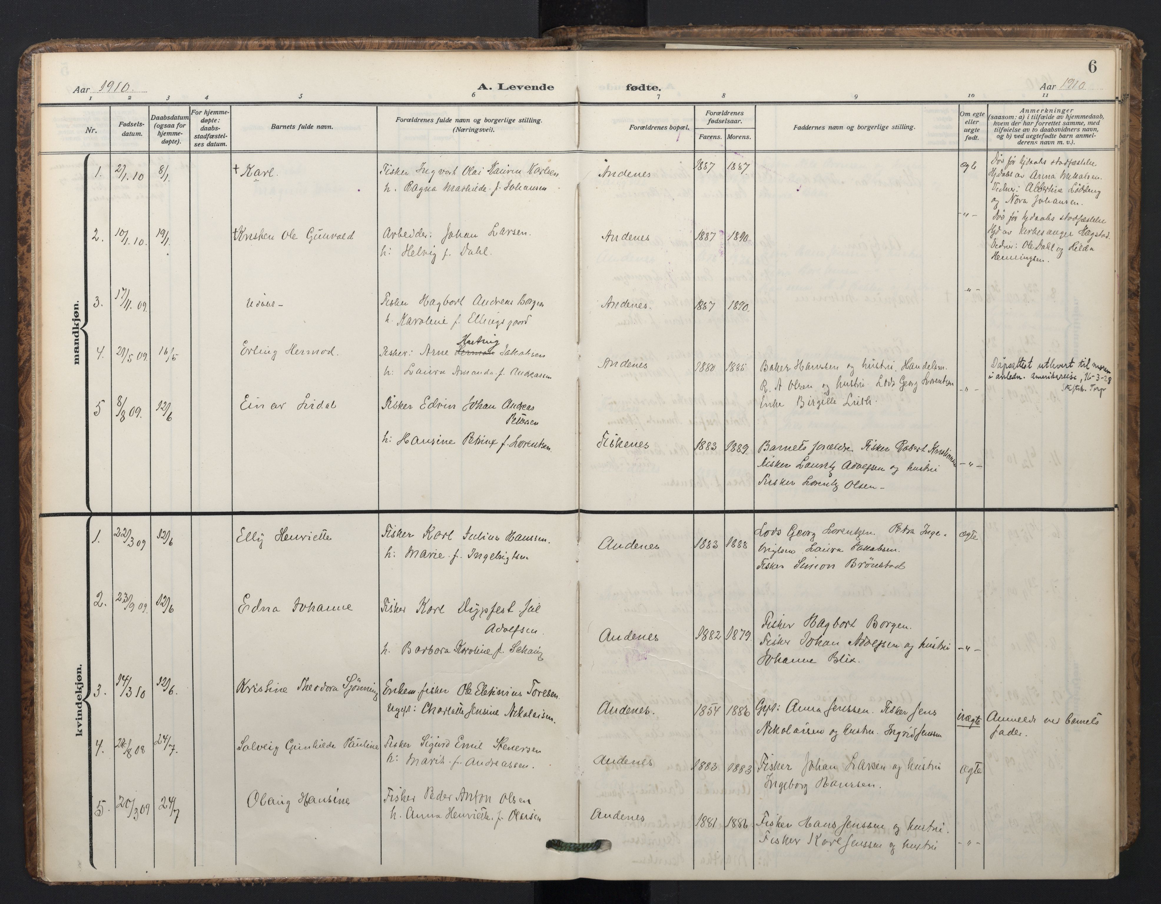 Ministerialprotokoller, klokkerbøker og fødselsregistre - Nordland, SAT/A-1459/899/L1438: Parish register (official) no. 899A06, 1909-1922, p. 6
