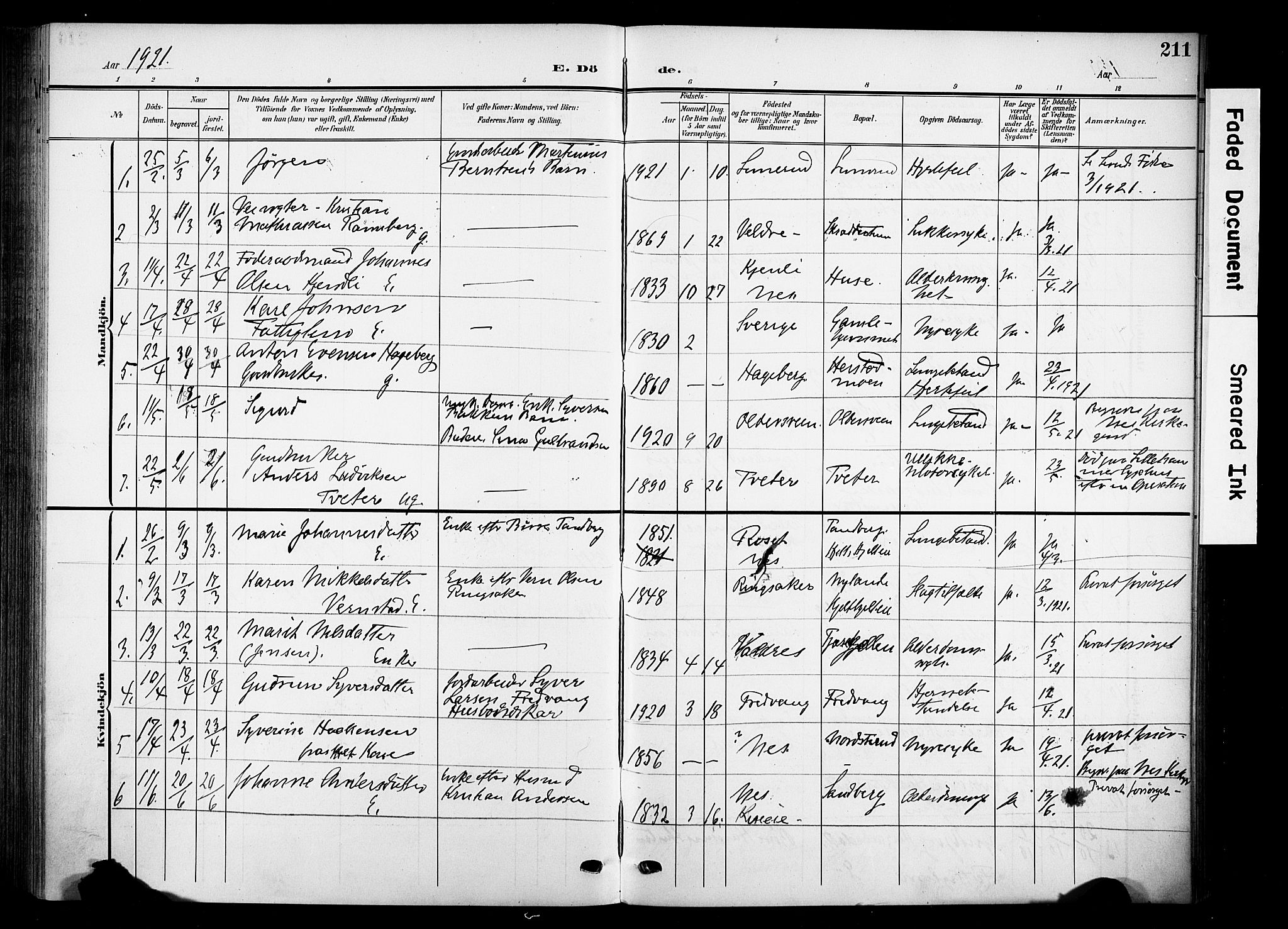 Nes prestekontor, Hedmark, SAH/PREST-020/K/Ka/L0013: Parish register (official) no. 13, 1906-1924, p. 211