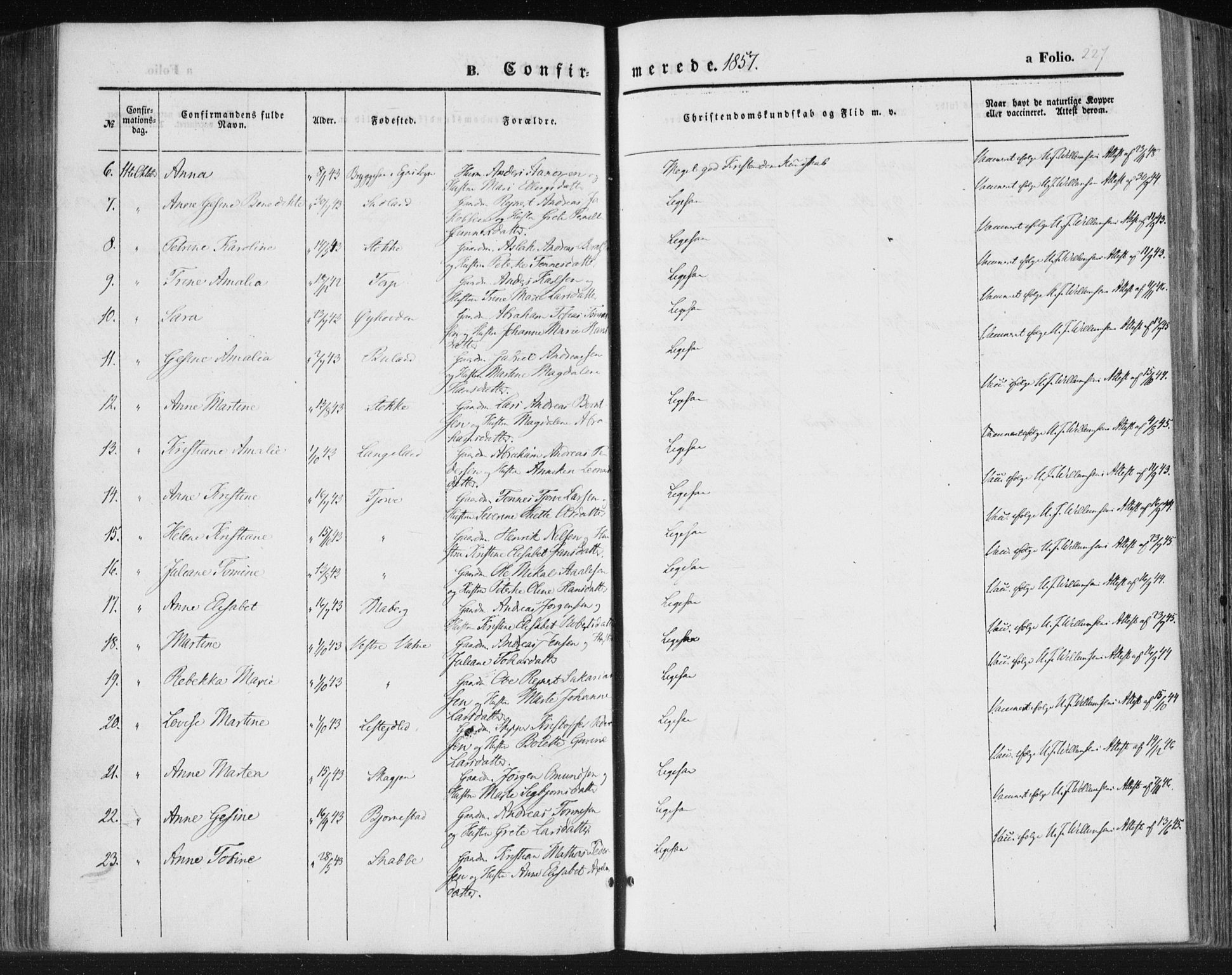 Lista sokneprestkontor, SAK/1111-0027/F/Fa/L0010: Parish register (official) no. A 10, 1846-1861, p. 227