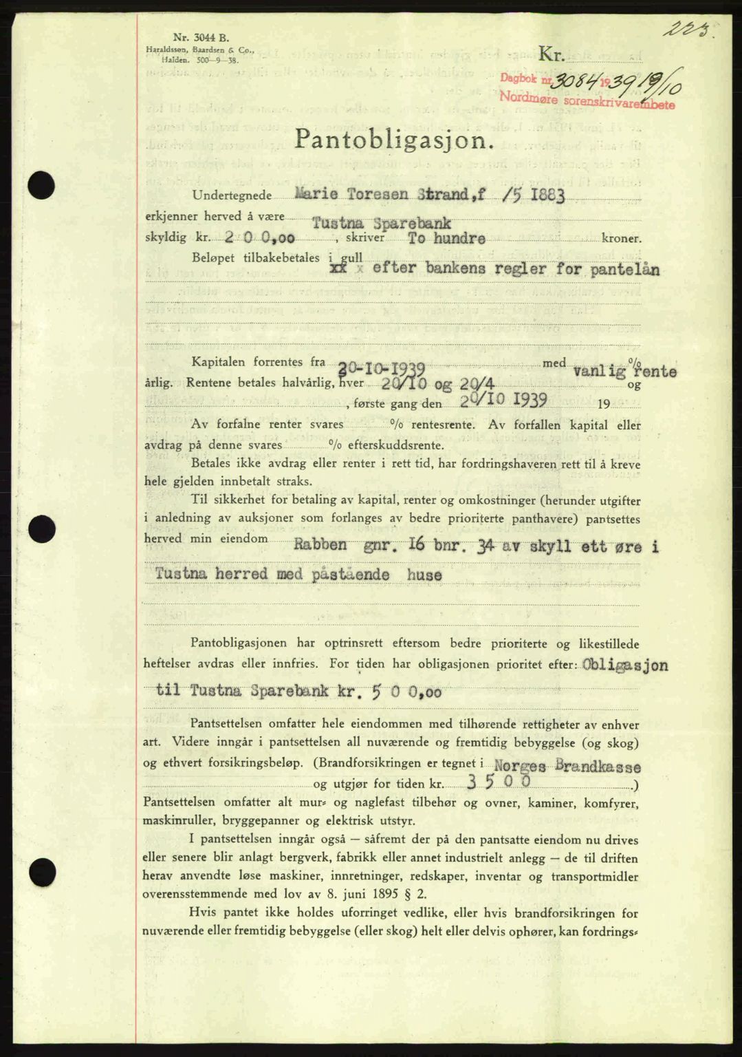 Nordmøre sorenskriveri, AV/SAT-A-4132/1/2/2Ca: Mortgage book no. B86, 1939-1940, Diary no: : 3084/1939