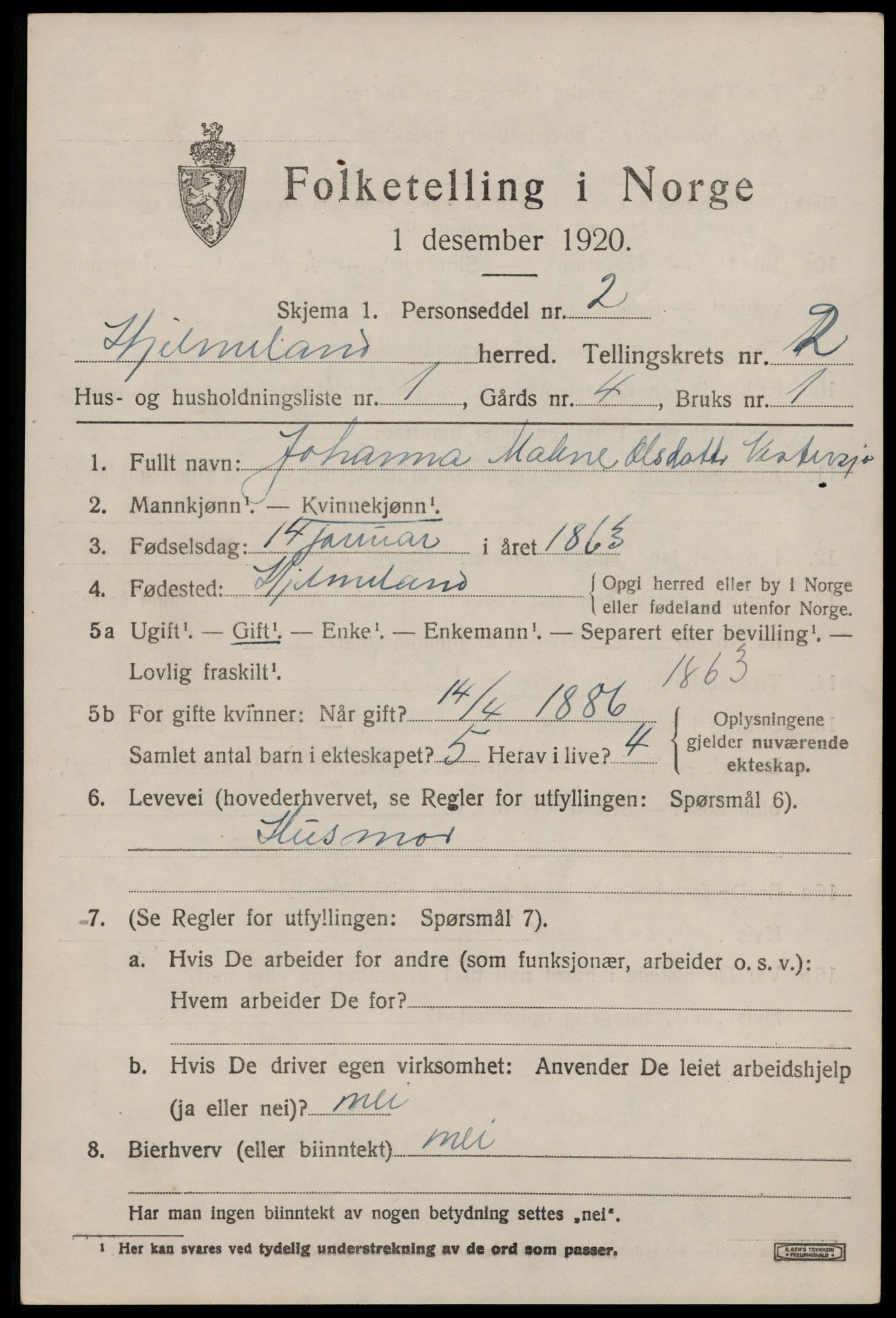 SAST, 1920 census for Hjelmeland, 1920, p. 1073