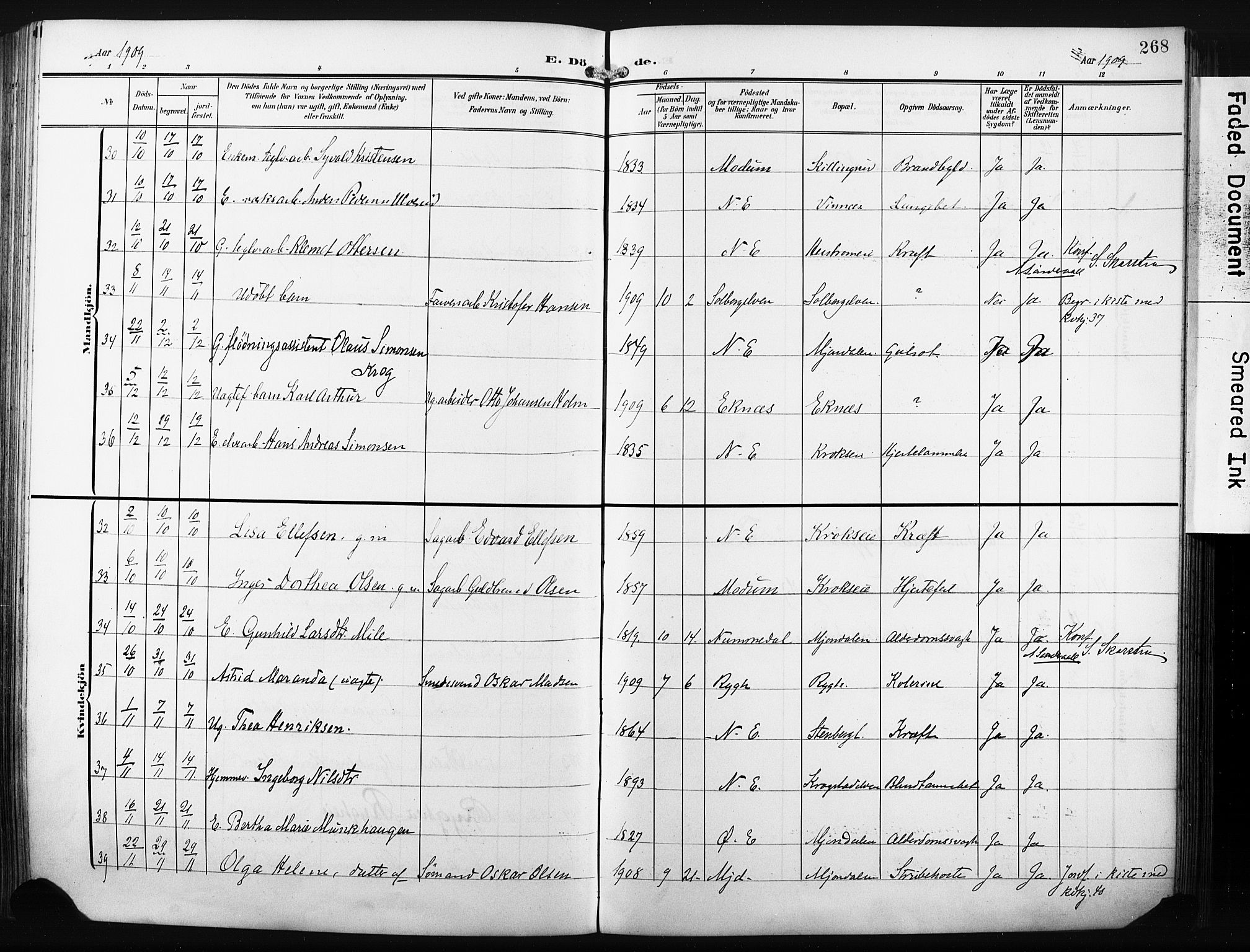 Nedre Eiker kirkebøker, AV/SAKO-A-612/F/Fa/L0006: Parish register (official) no. 6, 1906-1912, p. 268